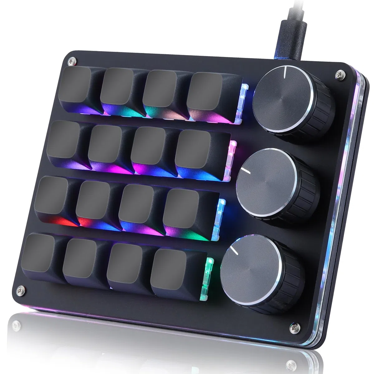 Koolertron Programowana klawiatura 16 przycisków, przenośna mini klawiatura z 3 pokrętłami, w pełni konfigurowalna klawiatura makro z podświetleniem RGB, 6 poziomów regulacji, klawiatura gamingowa do