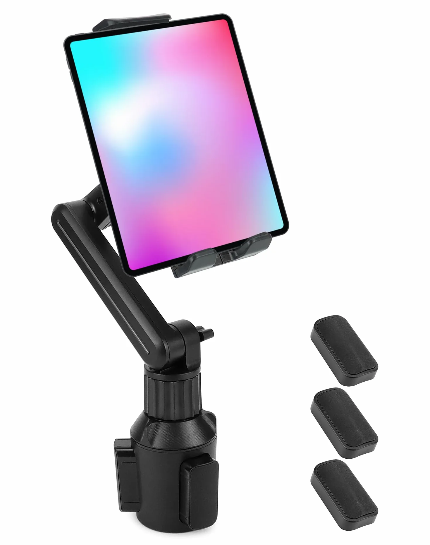 QWORK Samochodowy uchwyt na tablet, uchwyt na smartfon, rozszerzalna podstawa 60 – 110 mm – montaż na szczelinie samochodowego uchwytu na napoje