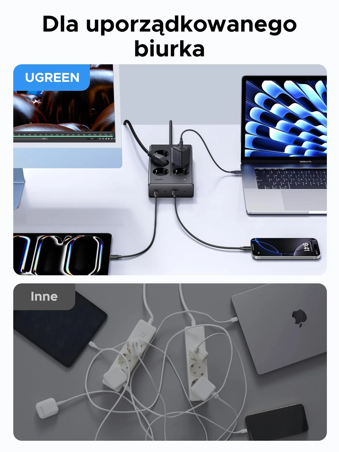 Listwa zasilająca UGREEN z gniazdem USB, gniazdko 10 w 1 z przełącznikiem, szybkie ładowanie 20 W, listwa zasilająca 3680 W z zabezpieczeniem przeciwprzepięciowym, 1,5 m, do biurek i biur