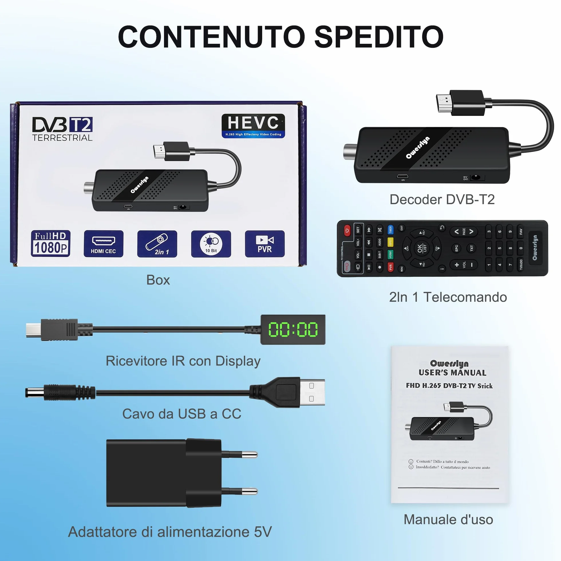 Cyfrowy dekoder naziemny 2026 - OWERSLYN DVB-T2, HD 1080P H.265 HEVC Main 10 bitów, telewizor z wyjściem HDMI/AV, HDMI CEC, USB multimedialny, funkcja PVR, pilot na podczerwień 2 w 1