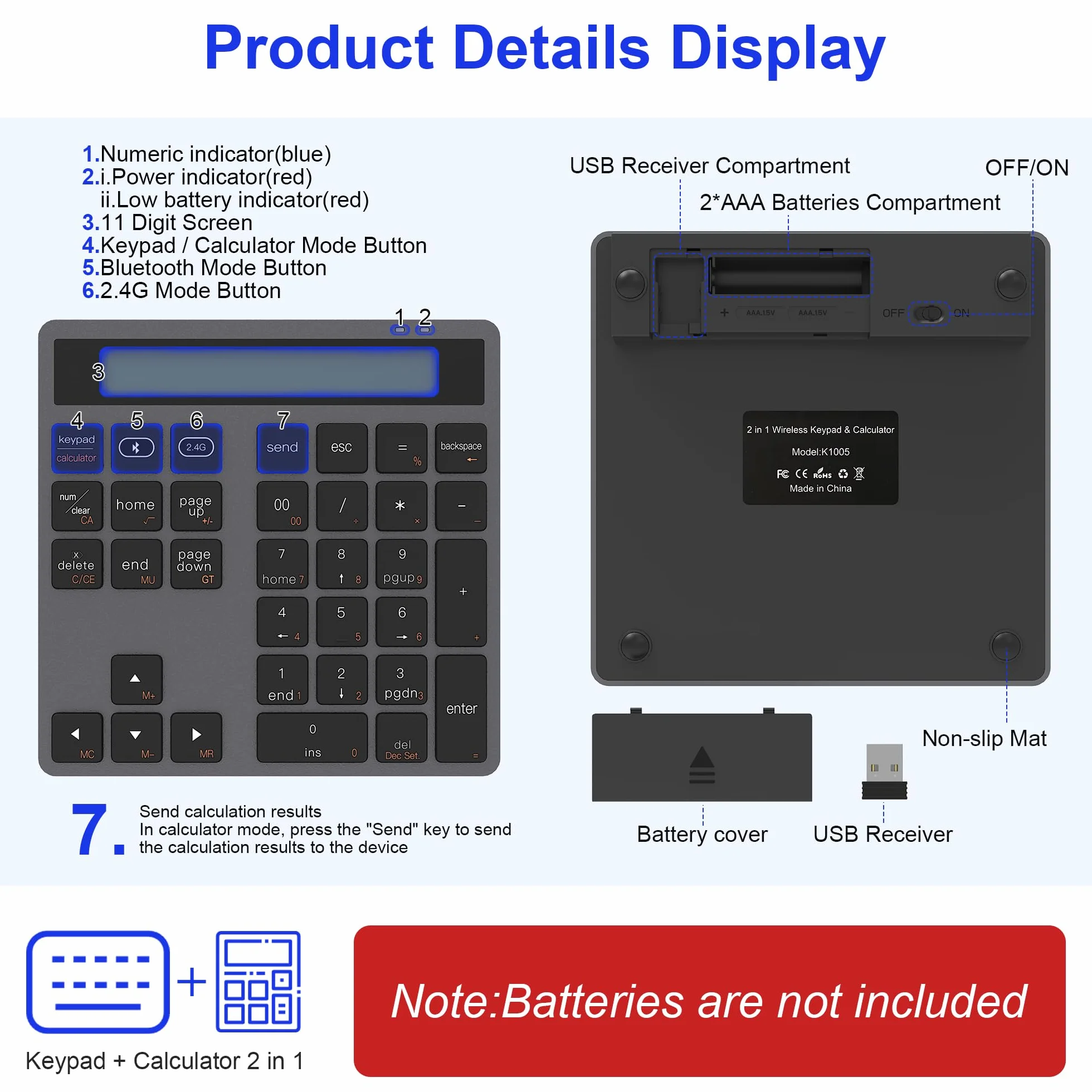 Blok numeryczny Bluetooth i 2,4 G – 34 przyciski Numpad z kalkulatorem – smukłe bloki numeryczne, bezprzewodowa, przenośna podkładka numeryczna Bluetooth do MacBook, iMac, Windows, laptopa, komputera