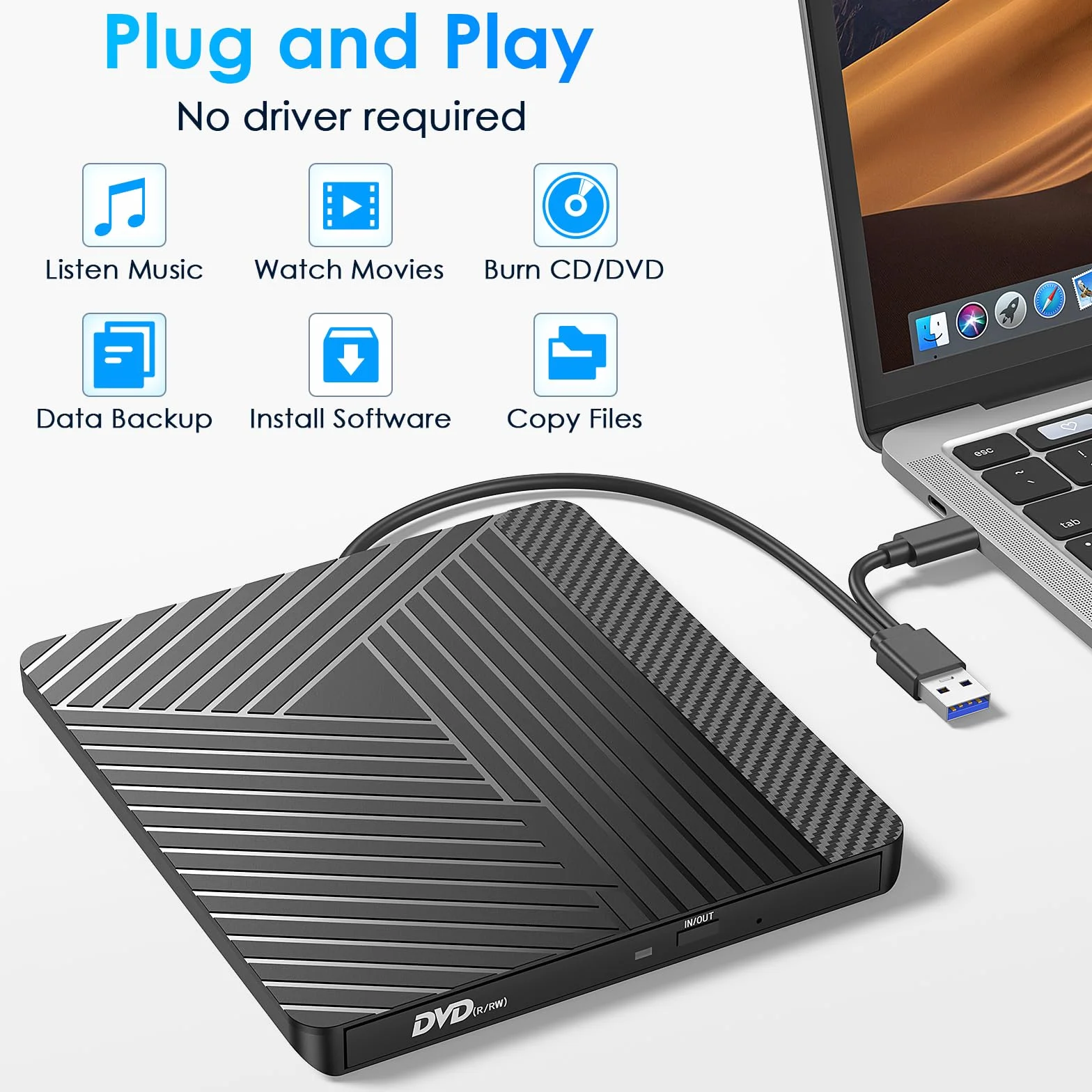 Zewnętrzny odtwarzacz CD DVD, USB 3.0 i Type-C Nagrywarka CD DVD Napęd zewnętrzny, ultra cienki zewnętrzny dyskietka CD DVD +/-RW Drive dla komputerów Laptop Desktop MacBook Mac OS Win11/10/8