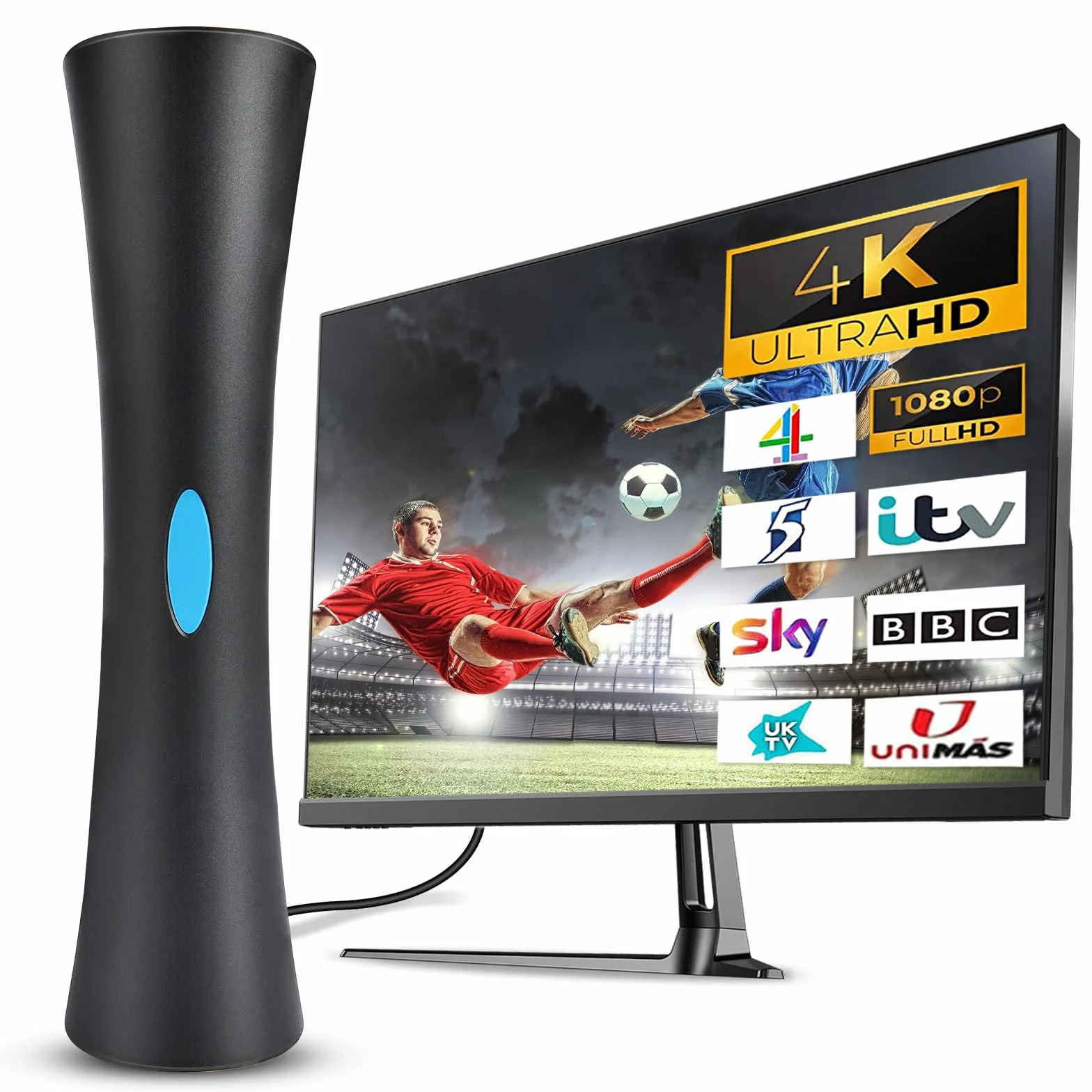 AXFEE Antena telewizyjna o wysokim wzmocnieniu, przenośna, wzmacniacz sygnału, do wewnątrz i na zewnątrz, przylepna, odbiór 360°, zasięg 288 km, z silny sygnał, cyfrowa, Freeview, 4K, 1080p, HD