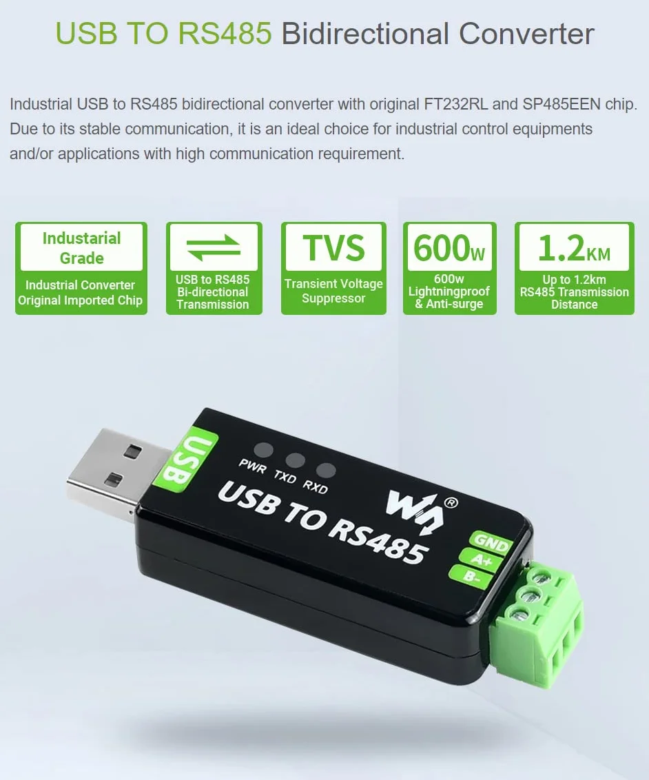 Waveshare Industrial USB to RS485 Converter with Original FT232RL Automatic Transceiving Embedded Protection Circuits Such as Fuse ESD Protection and TVS Diode