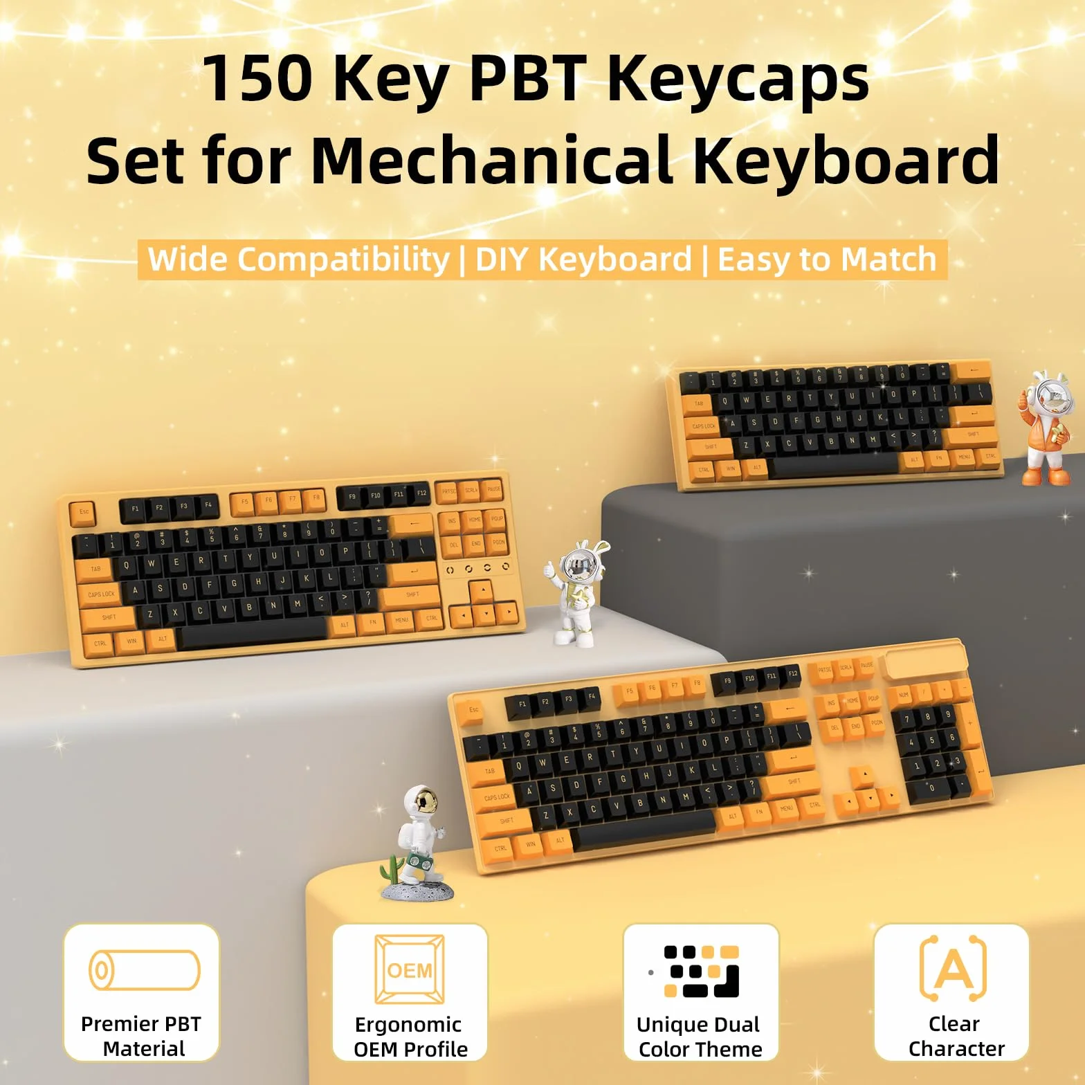 Pełny zestaw klawiszy PBT OEM z podwójnym strzałem do klawiatur mechanicznych ANSI. Obsługuje Cherry/Gateron/Kailh/Akko i inne przełączniki MX. Tylko nasadki klawiszy-czarno-żółte (150 klawiszy)