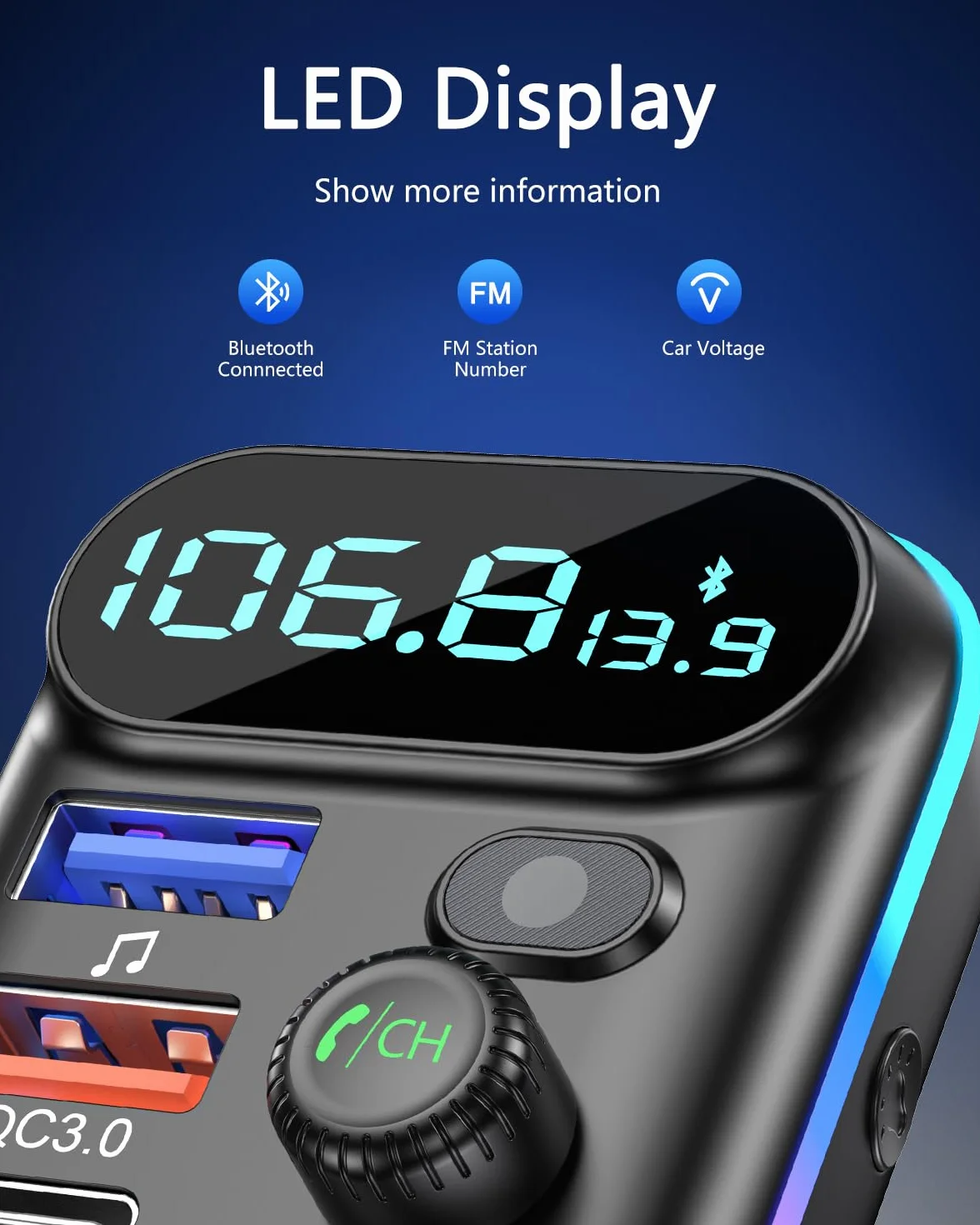 LENCENT Samochodowy nadajnik FM Bluetooth, ładowarka z przyłączem PD3.0 (USB-A) i QC3.0(USB-C), funkcja głośnomówiąca bezprzewodowy samochodowy odtwarzacz,transmiter, MP3, karta TF(micro SD)