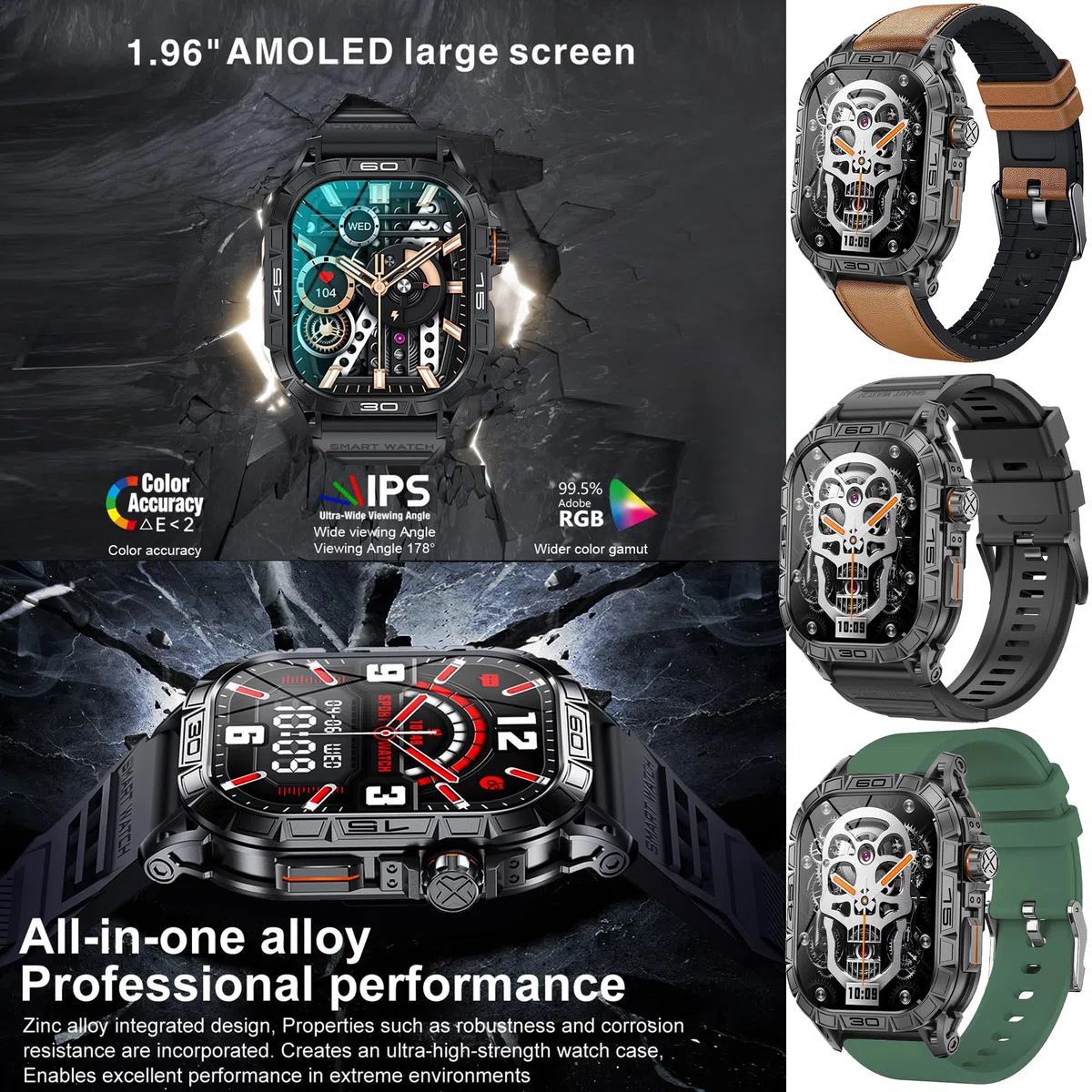 Smartwatch męski z funkcją telefonu, Smart Watch 1,96" AMOLED z połączeniami telefonicznymi Bluetooth 5ATM, wodoszczelny zegarek fitness z monitorem tętna, monitorem snu, krokomierzem, zegarek