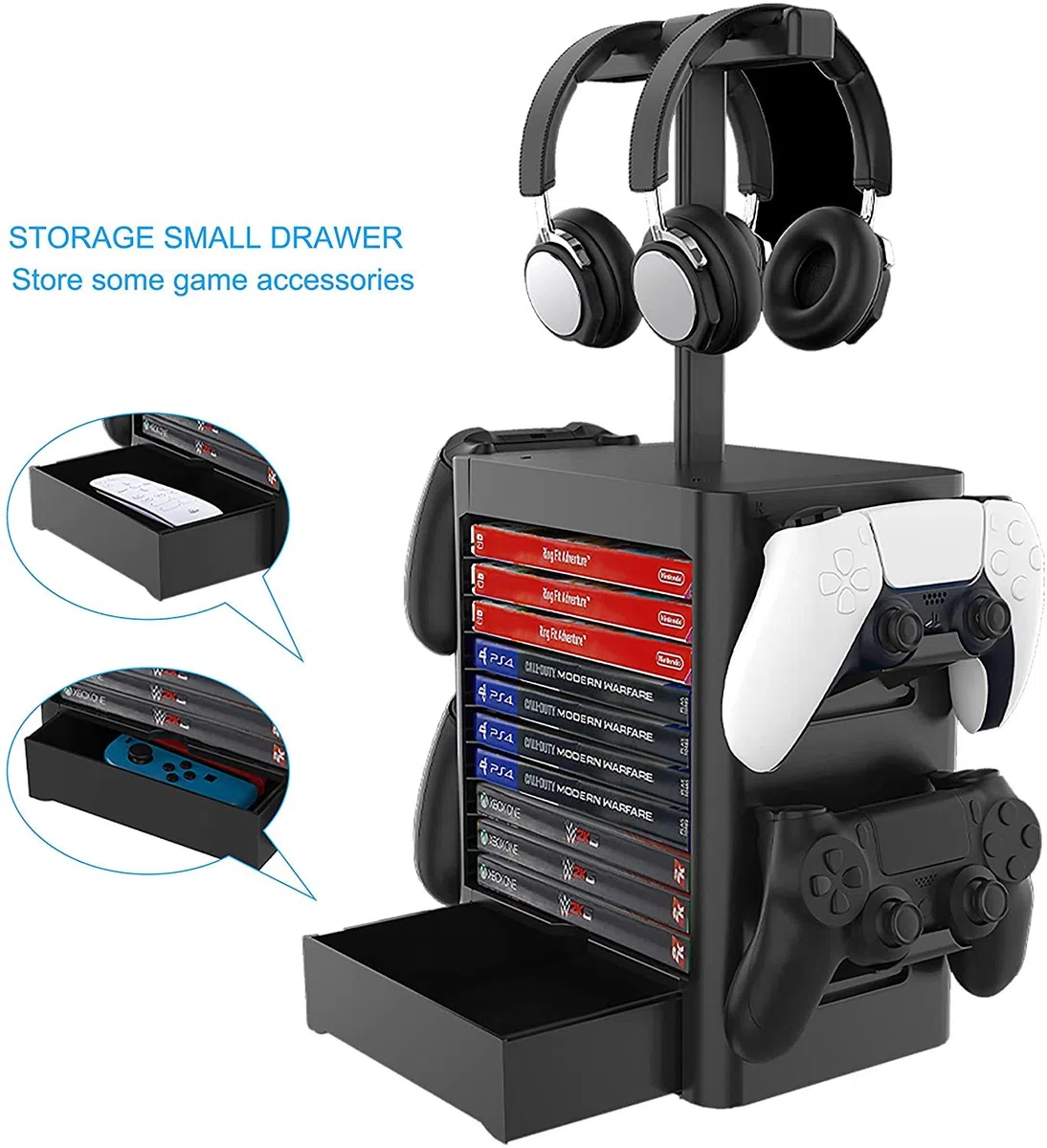 PS5 wielofunkcyjny uchwyt do przechowywania dysków do gier, konsoli PS5, stojak na dysk do gier i kontroler, stojak na słuchawki, kompatybilny z Xbox Series X/Nintendo Switch/ PS4, czarny