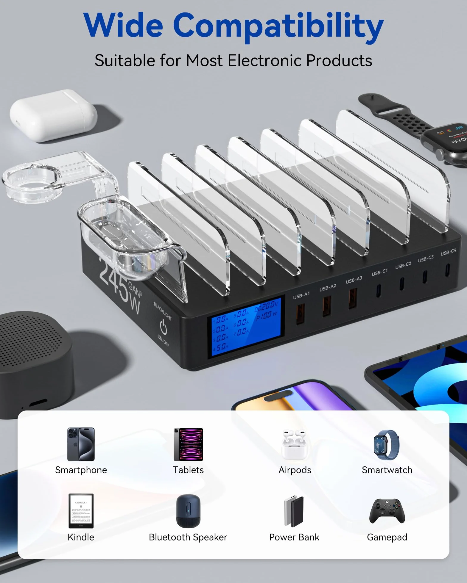 Stacja ładująca 245 W, 7 portów, wiele portów, ekran LCD, szybkie ładowanie USB C PD 100 W do iPhone'a, tabletu i innych urządzeń elektronicznych (bez kabla ładującego)