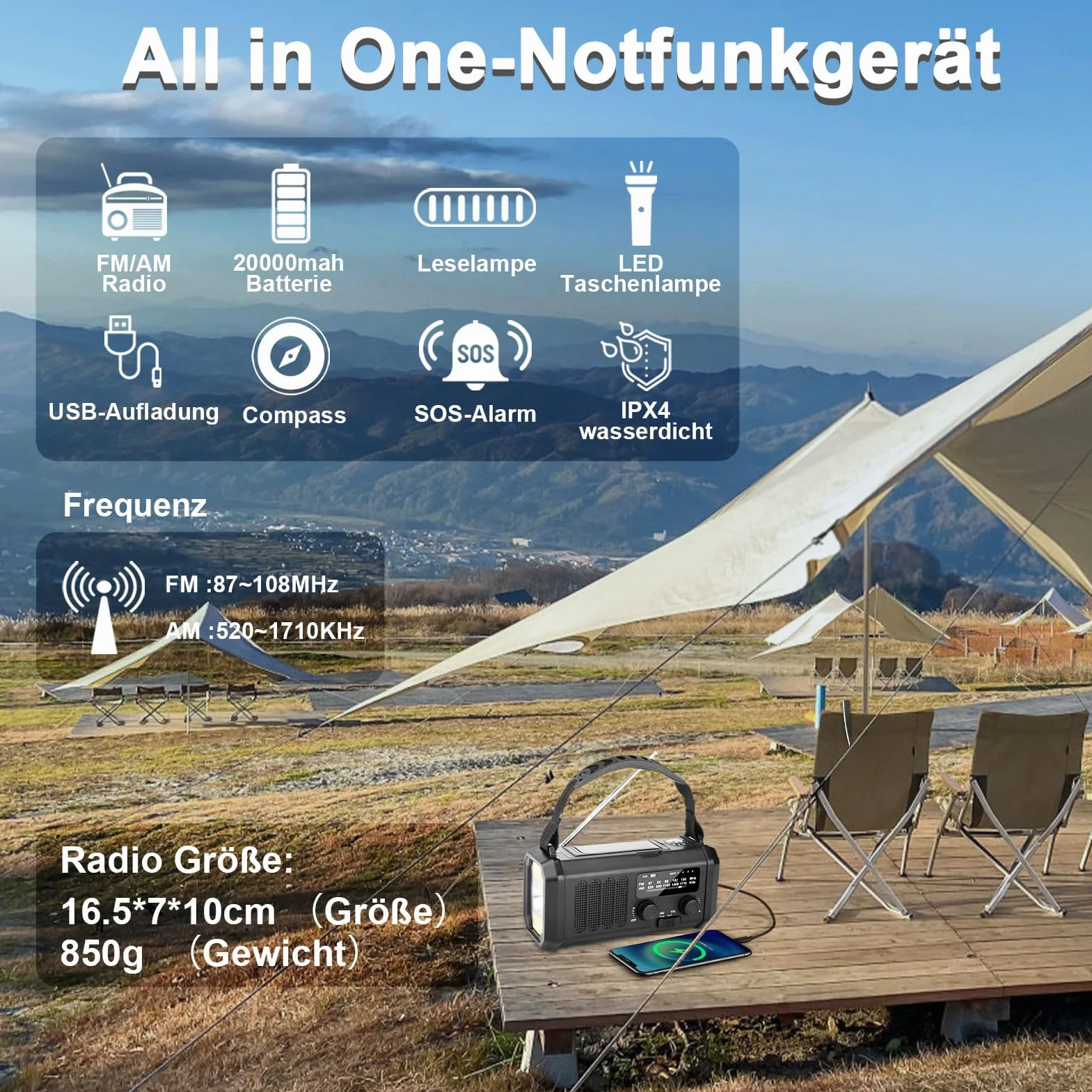 Radio Korbowe 20000mAh Akumulator Ładowalne AM/FM Przenośne Solarne Dynamo Latarka LED Alarm SOS Kompas Czarny