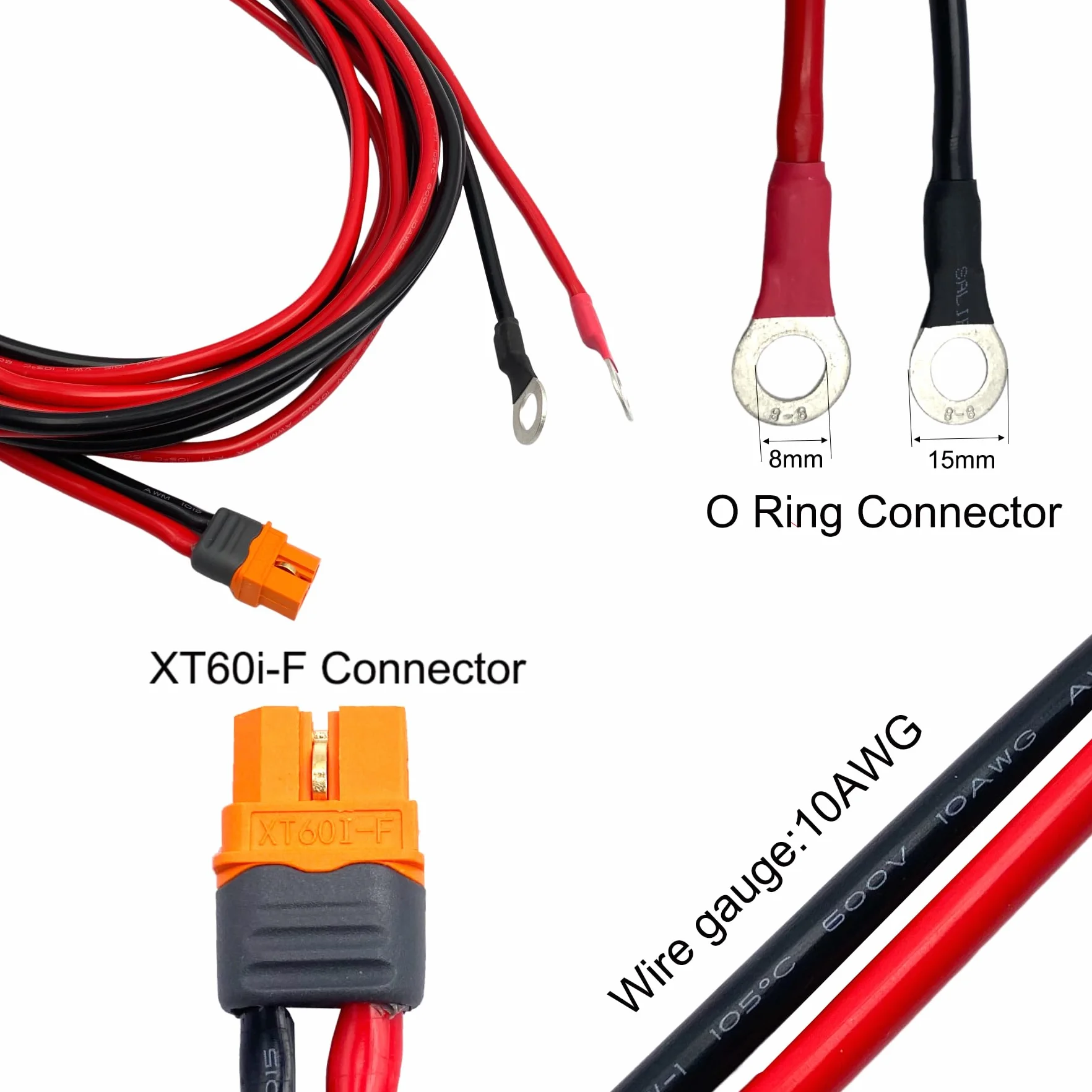 Przedłużacz 10AWG XT60i, 10 m XT60i żeński do zacisku O-ring, kabel akumulatora do przenośnej stacji zasilającej, generator baterii