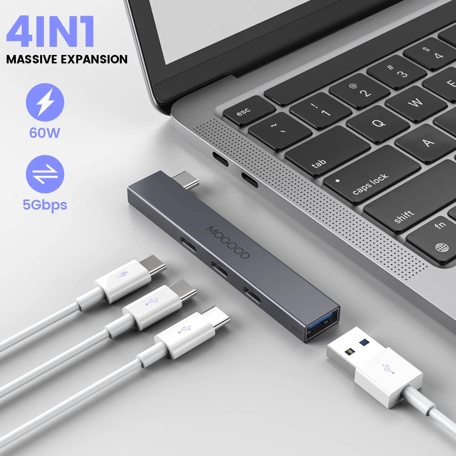 MOGOOD USB C Hub rozdzielacz USB C do laptopa, wieloportowy adapter z 60 W PD, 5 Gbps, obsługuje MacBook, Chromebook