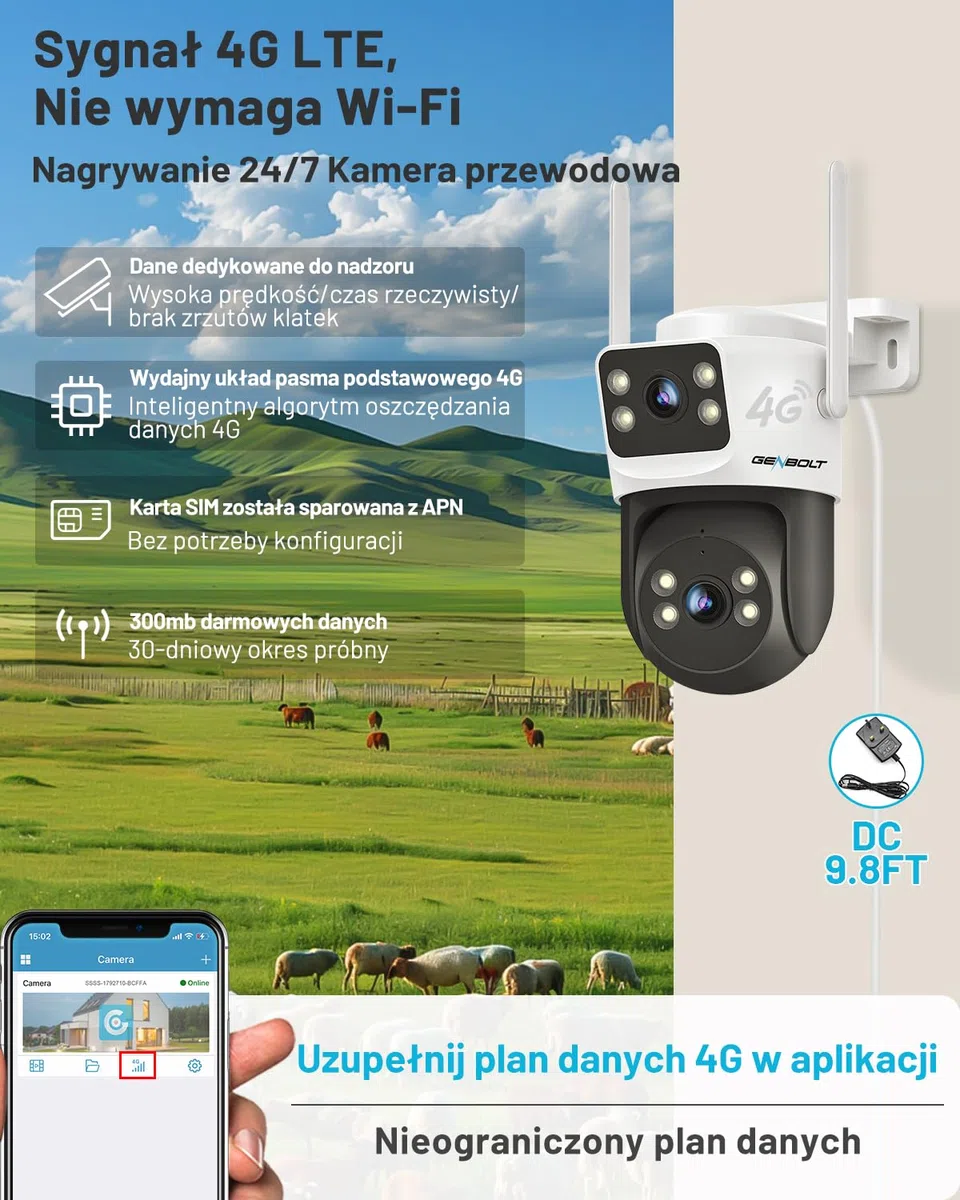 GENBOLT 4G LTE Zewnętrzna Kamera bez WiFi, Dwuobiektywowa Komórkowa Kamera Bezpieczeństwa CCTV z Kartą SIM, Nagrywanie 24/7 IP Kamera Monitorująca PoE ze śledzenie Humanoidów Dwuobiektywowa
