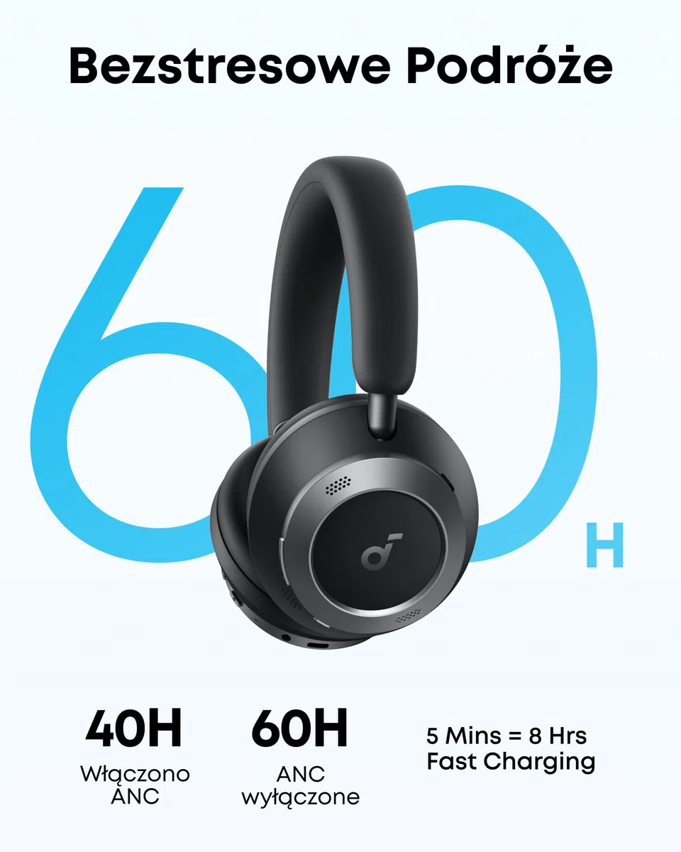 soundcore Space One Pro firmy Anker(odnowiona), adaptacyjne słuchawki z aktywną redukcją szumów wspierane 6 mikrofonami, super składana konstrukcja, bezstratne 60 godz. dźwięku, ultraszybkie ładowanie