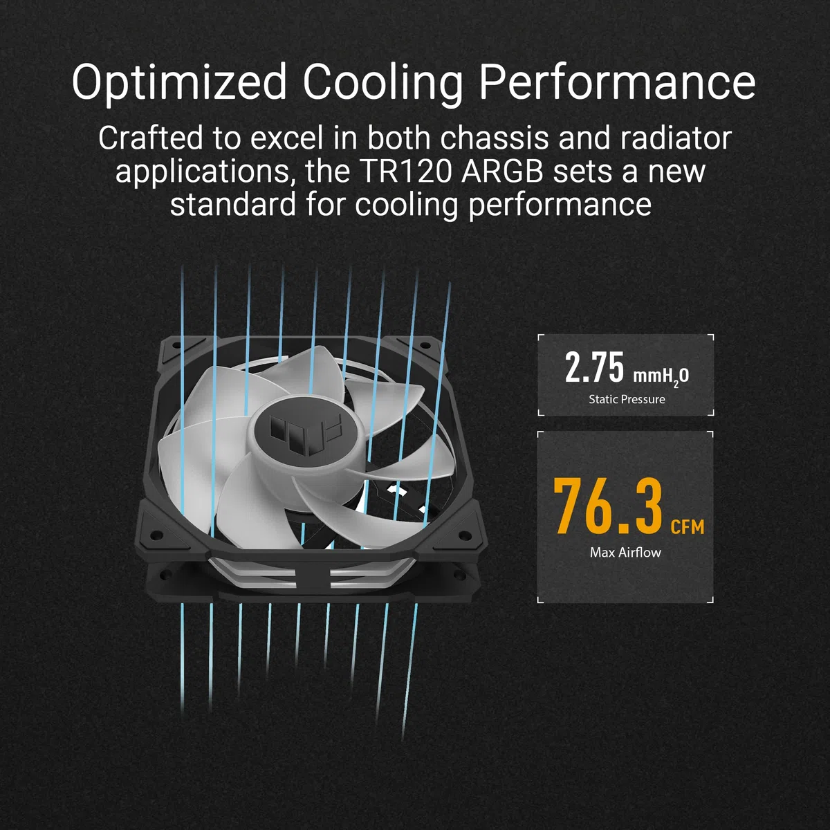 ASUS TUF Gaming TR120 ARGB Standard Blade Black wentylator do obudowy, pojedynczy zestaw (wentylator PC 120 mm, 2000 obr./min, 3,3 mm H2O, strumień powietrza 77,4 CFM, 16 pojedynczo adresowalnych diod