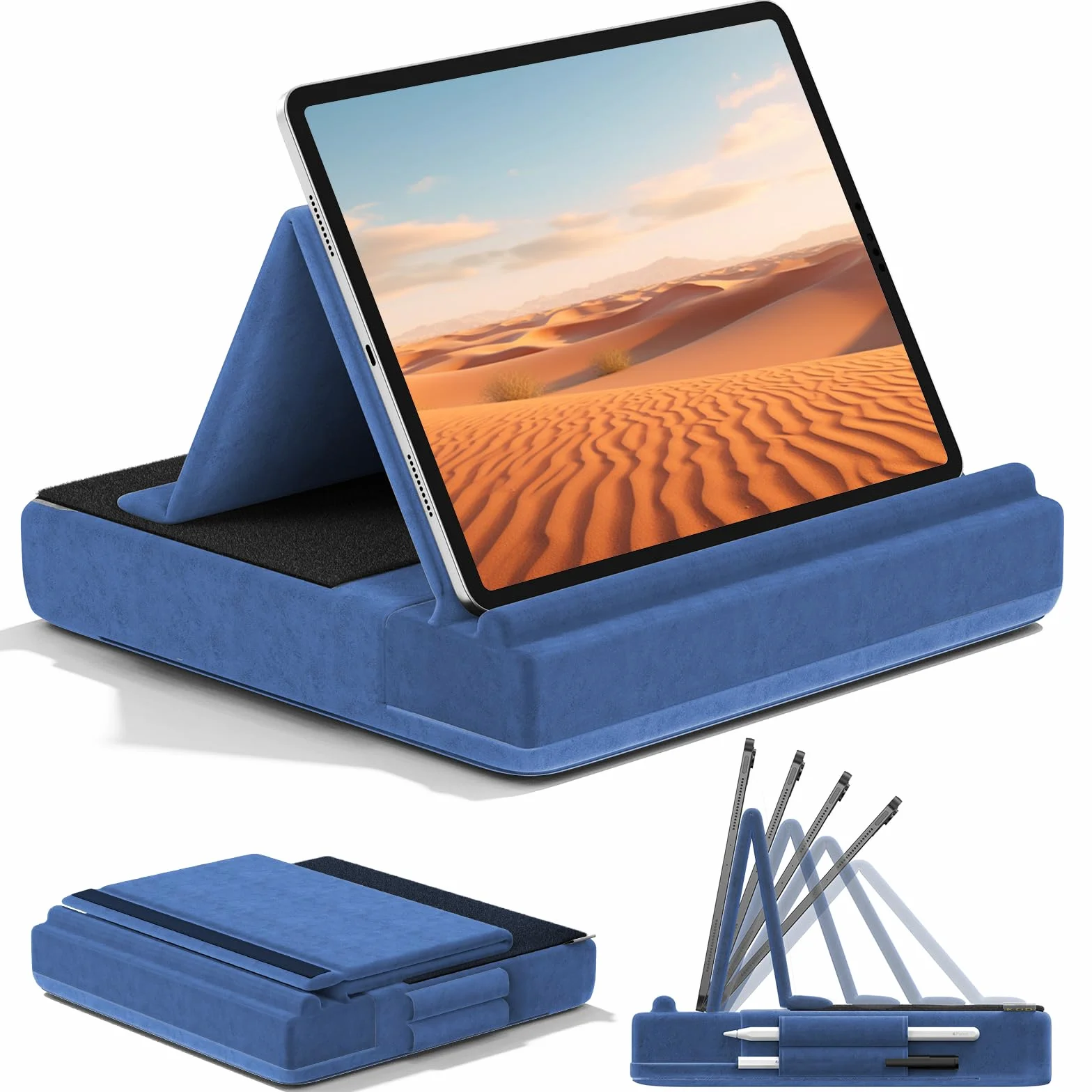 Poduszka KDD na Tablet Składana Podstawka z Regulowanym Kątem i Miejscem na Pióro do iPada Pro 12.9 11 Air Mini Niebieski