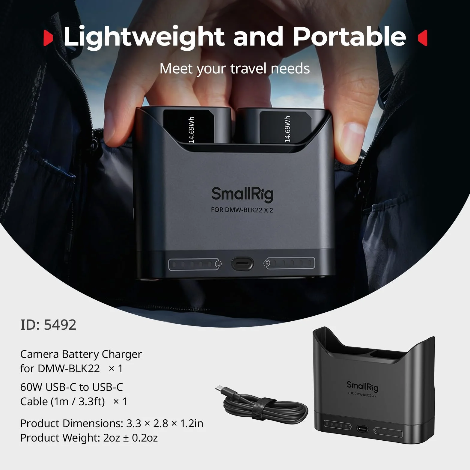 SMALLRIG Ładowarka DMW-BLK22 do Panasonic 2-godzinna USB-C 22,5W kompatybilna Lumix GH5 GH5 II GH6 GH7 S5