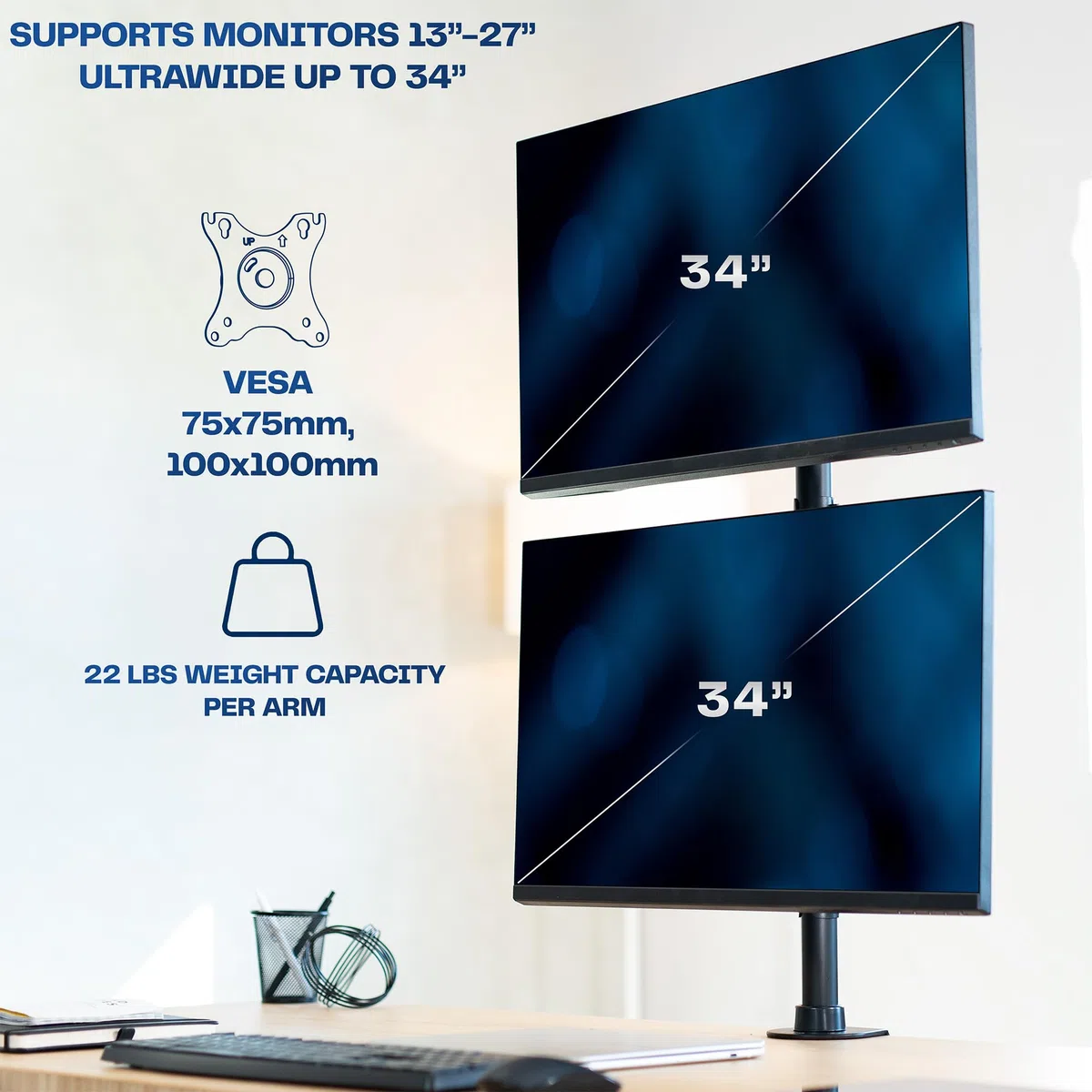 VIVO STAND-V002R podwójny stojak na biurko z regulacją wysokości i płytkami VESA do 2 ekranów LCD Ultrawide do 34", układ ułożony w stos