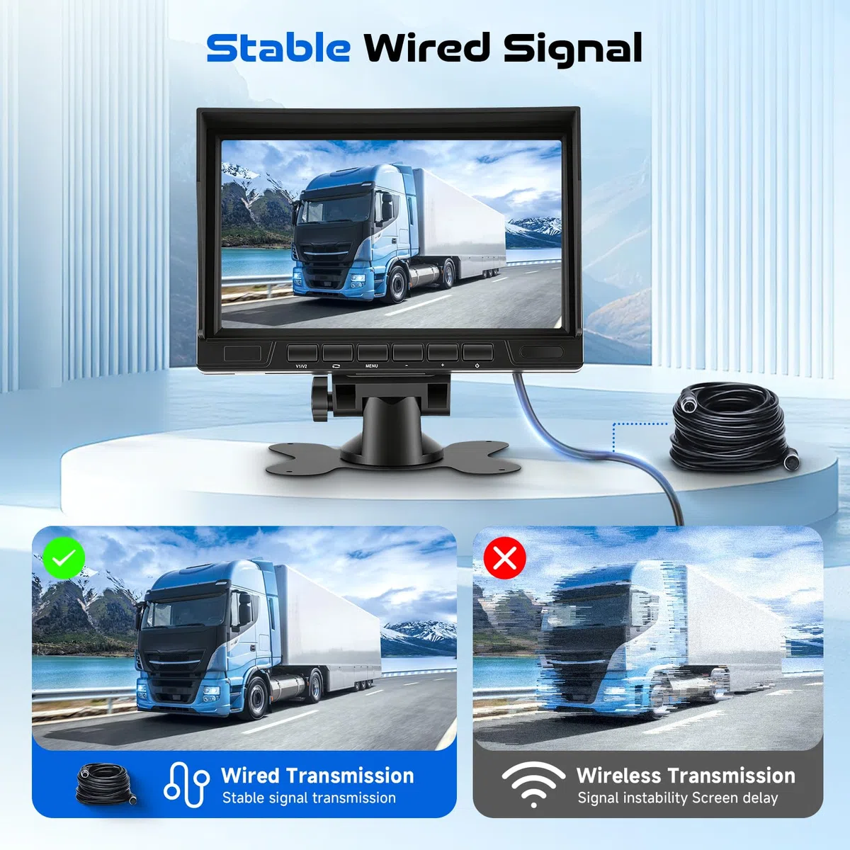 Hodozzy Kamera cofania, zestaw 2 kamer z monitorem IPS 1080p, 7", widoczność w nocy, IP69, wodoszczelna podwójna kamera cofania, kabel 12 V, 24 V, stabilny sygnał, kamera cofania do samochodu
