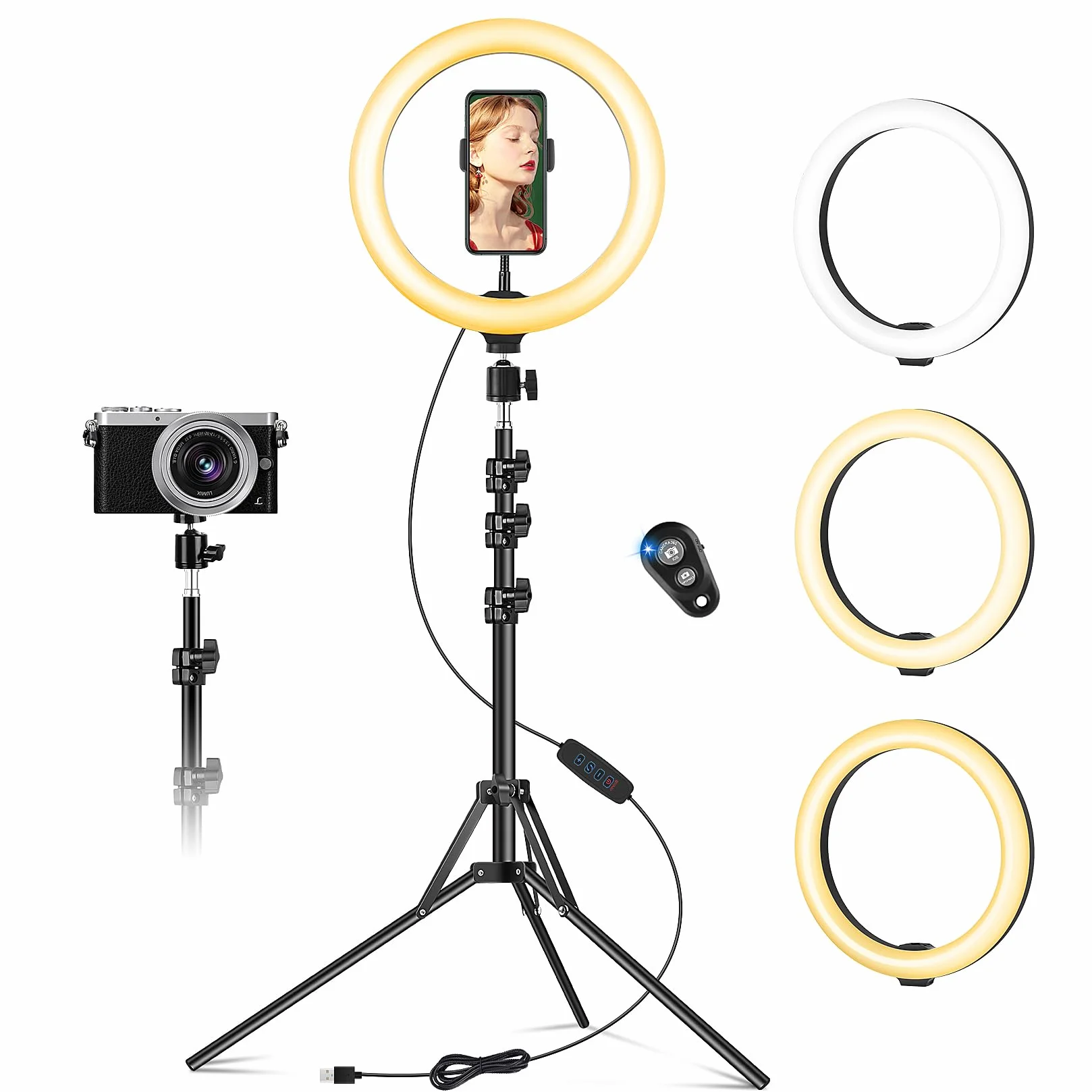 Lampa pierścieniowa LED 25 cm ze statywem, pilot do selfie, 178 cm, do makijażu i nagrań