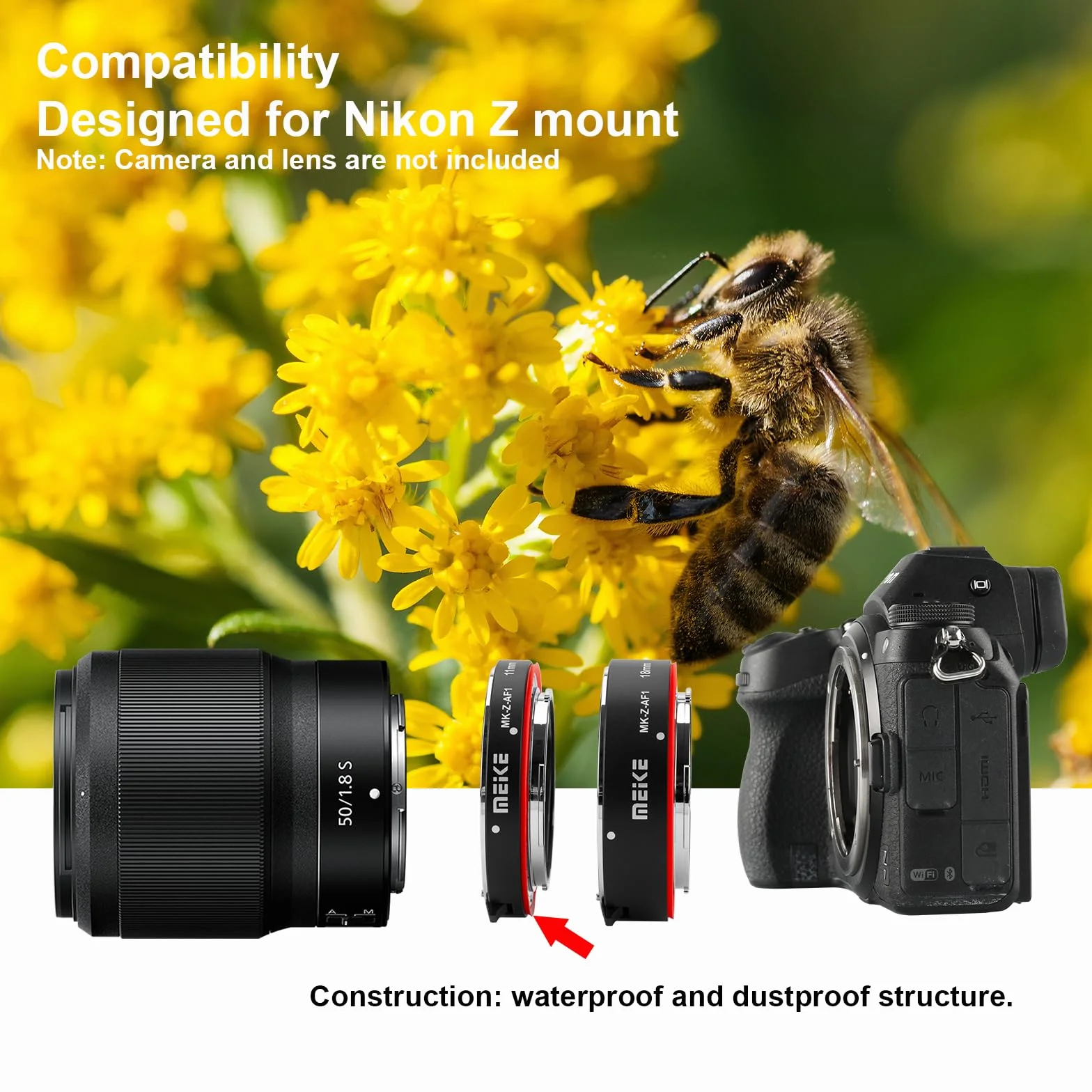 Meike MK-Z-AF1 Pierścień adaptera rurki przedłużającej makro do automatycznego ustawiania ostrości (11 mm + 18 mm) kompatybilny z Nikon Z5 Z6 Z7 Z50