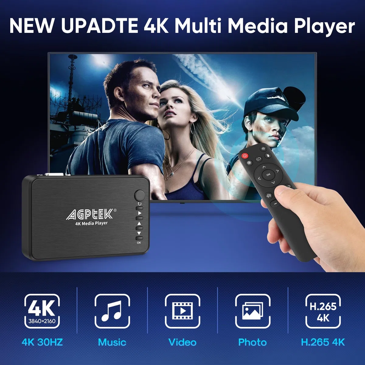 AGPTEK cyfrowy odtwarzacz multimedialny z pilotem zdalnego sterowania HA0058