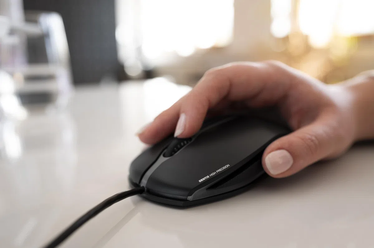 CHERRY GENTIX Corded Optical Mouse, przewodowa mysz z 3 przyciskami i czujnikiem optycznym o wysokiej rozdzielczości 1000 dpi, odpowiednia dla użytkowników prawo- i leworęcznych, gumowane boki, czarna