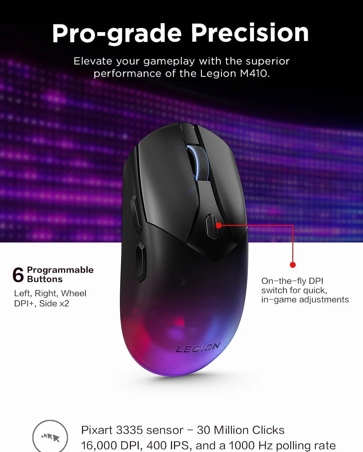 Lenovo Legion M410 bezprzewodowa mysz do gier RGB 16000 dpi 400 IPS czarny przezroczysty