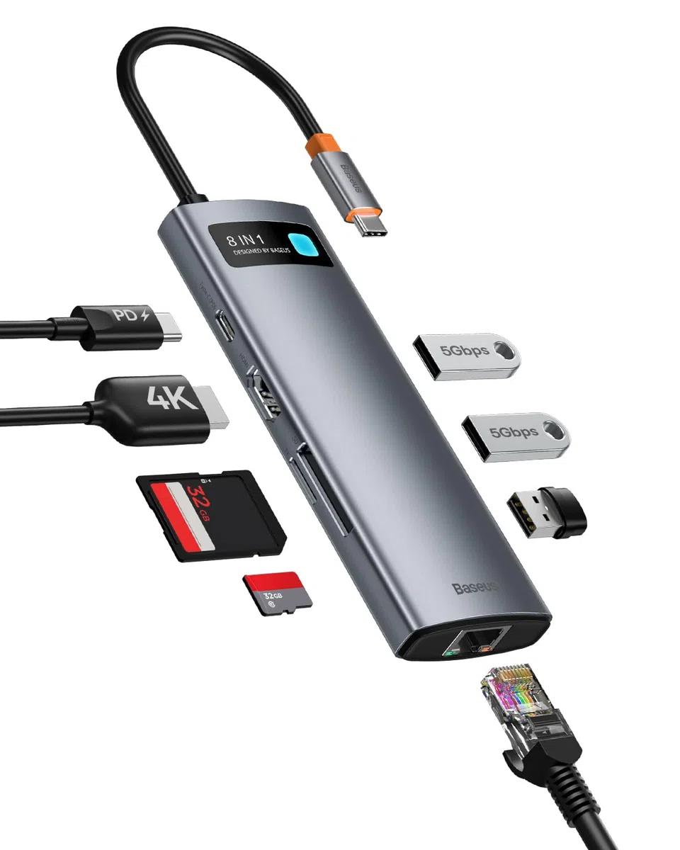 Baseus Adapter 8 w 1 USB C z HDMI 4K, Gigabit Ethernet, 100 W PD, 3 USB A 3.0, czytnik kart SD/TF, stacja dokująca USB do laptopów MacBook Pro/Air, Surface Pro, iPad Pro, Dell, Steam Deck itp