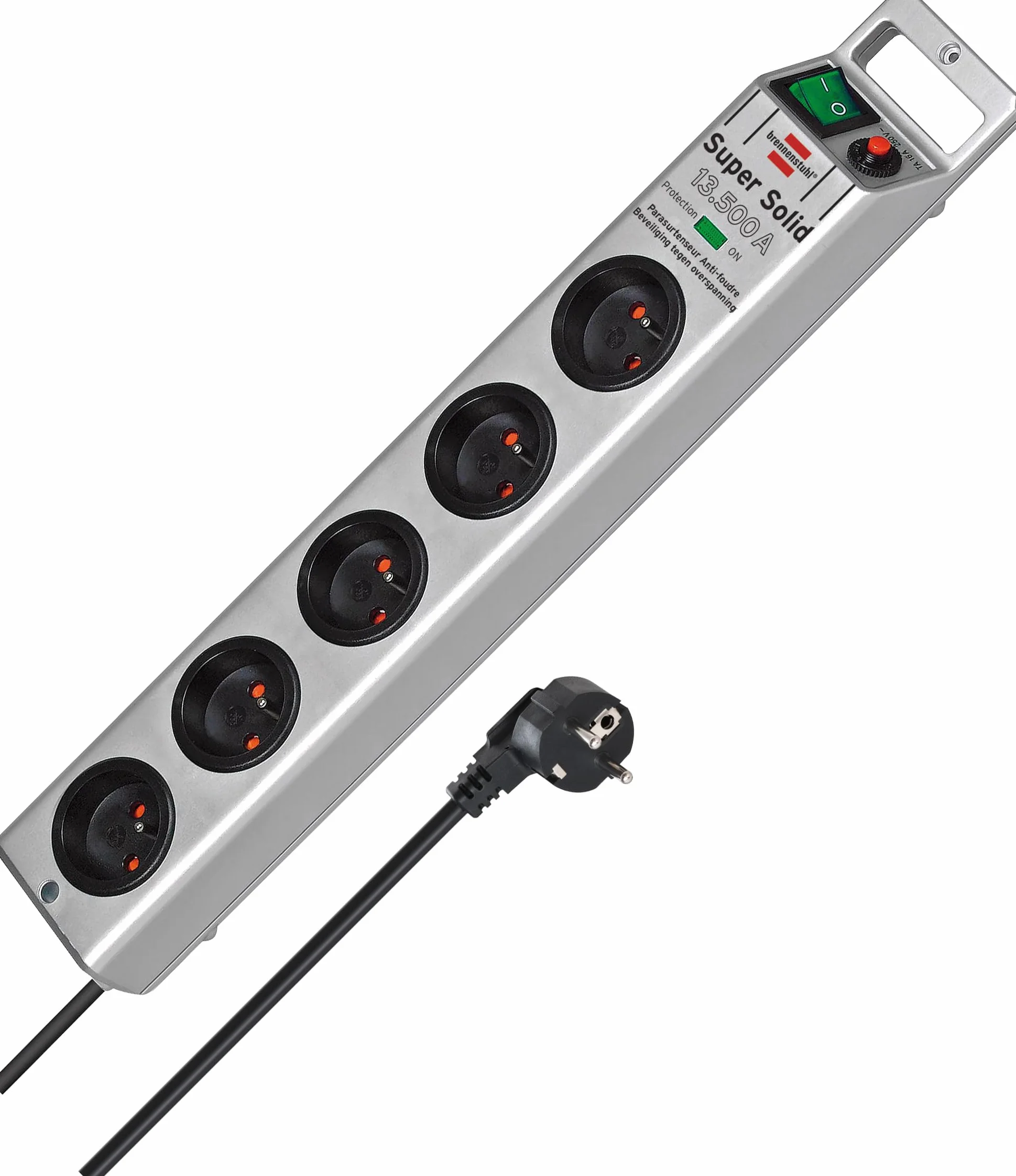 Brennenstuhl Super-Solid listwa przepięciowa 5 gniazd, kabel 2,5m, włącznik, poliwęglan, srebrna