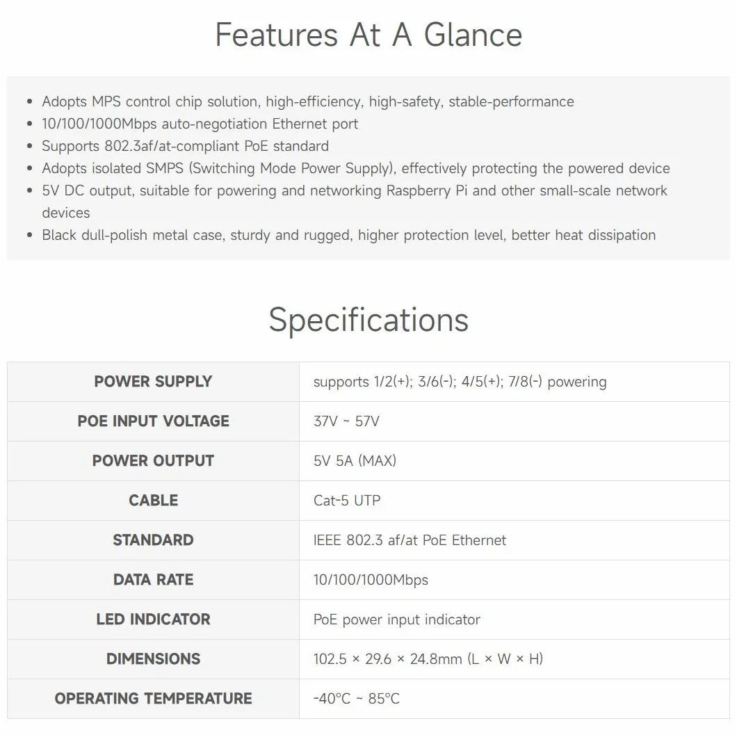 Waveshare Industrial Gigabit PoE Splitter, 5V 5A Type-C Output Port, Onboard MPS Control Chip