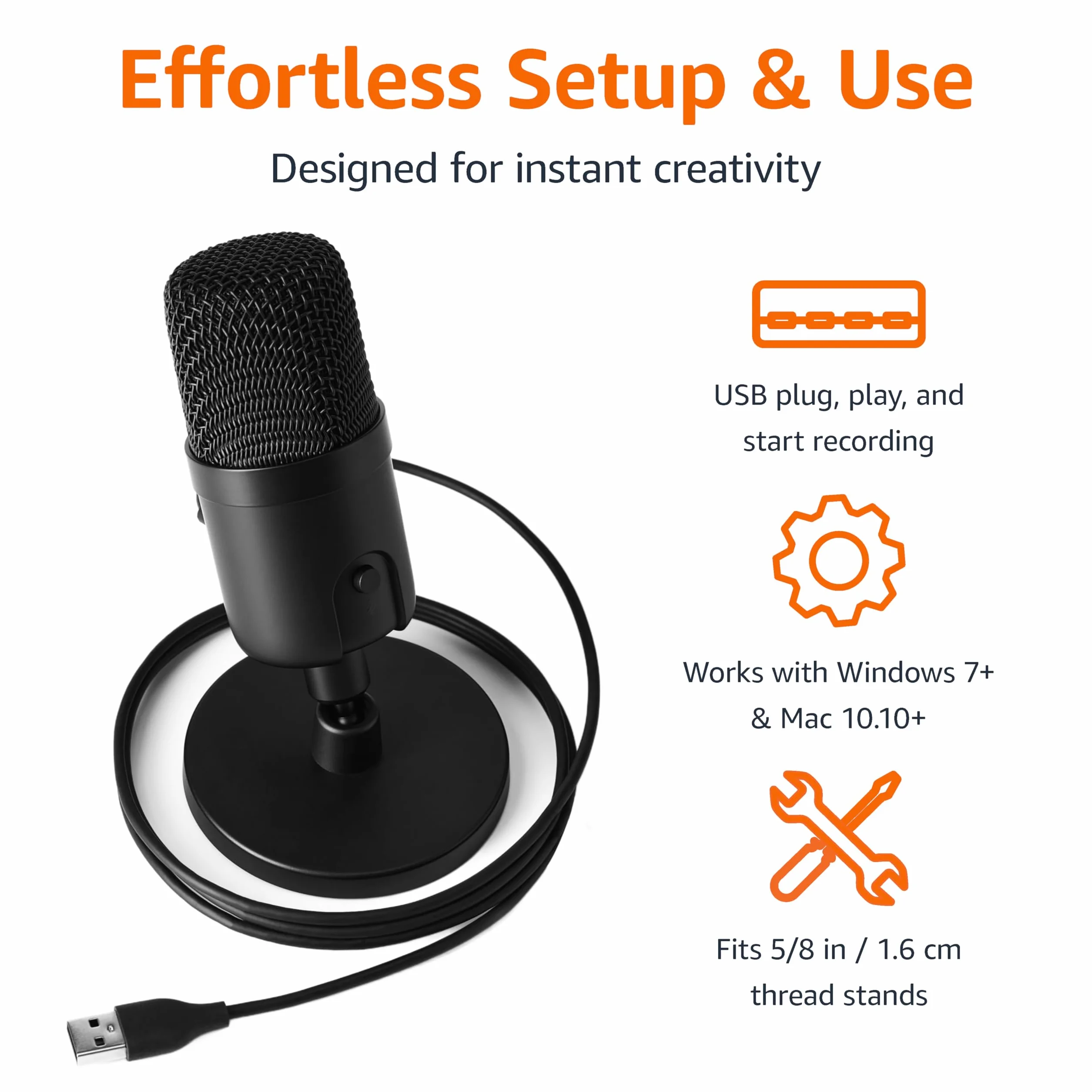 Amazon Basics Mikrofon Pojemnościowy Mini USB do Strumieniowania, Gier, Podcastów, z Przetwornikiem Kardioidalnym, 147,32 × 19,05 mm (5,8 × 3,4 Cala), Czarny