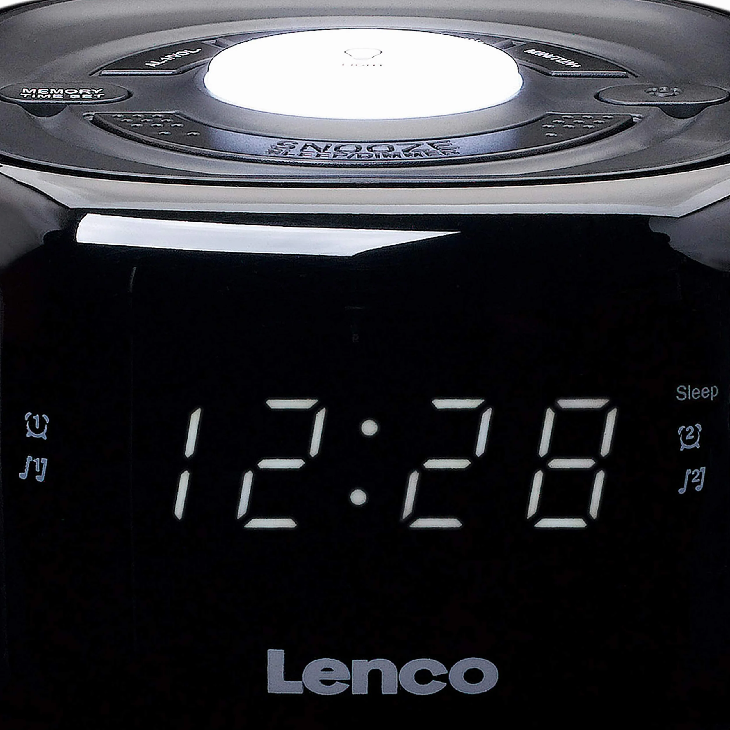 Lenco CR-12 radio zegarowe – budzik z funkcją światła nocnego – Easy Snooze – timer uśpienia – dwa czasy budzenia – 20 stacji – regulowana regulacja jasności – czarny, 117 x 117 x 71 mm