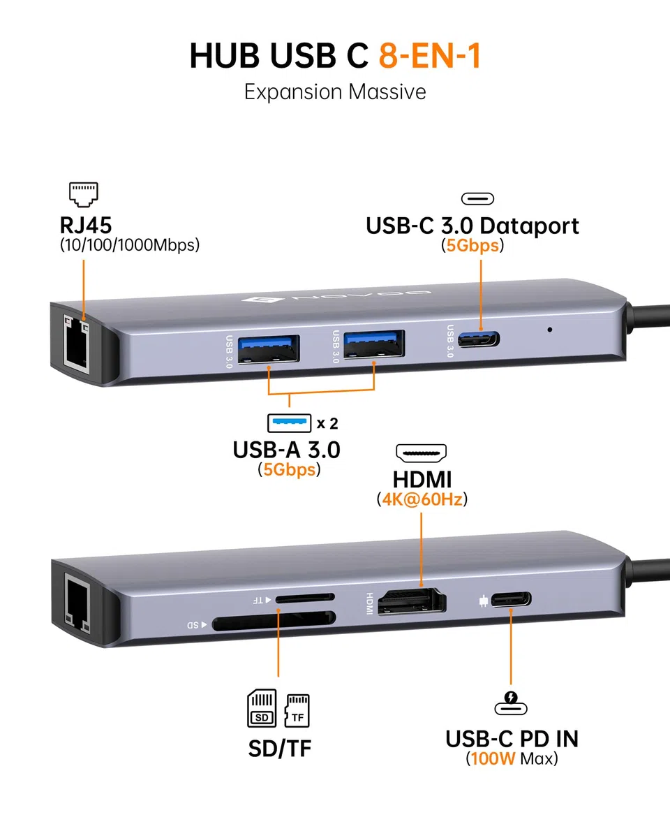 NOVOO Koncentrator USB C do Ethernet, 8 w 1, USB C na HDMI 4K, 100 W PD, USB C 3.0, USB A 3.0, Multiport SD/TF do MacBooka Pro Air M2 M1 Surface iPad Galaxy HP