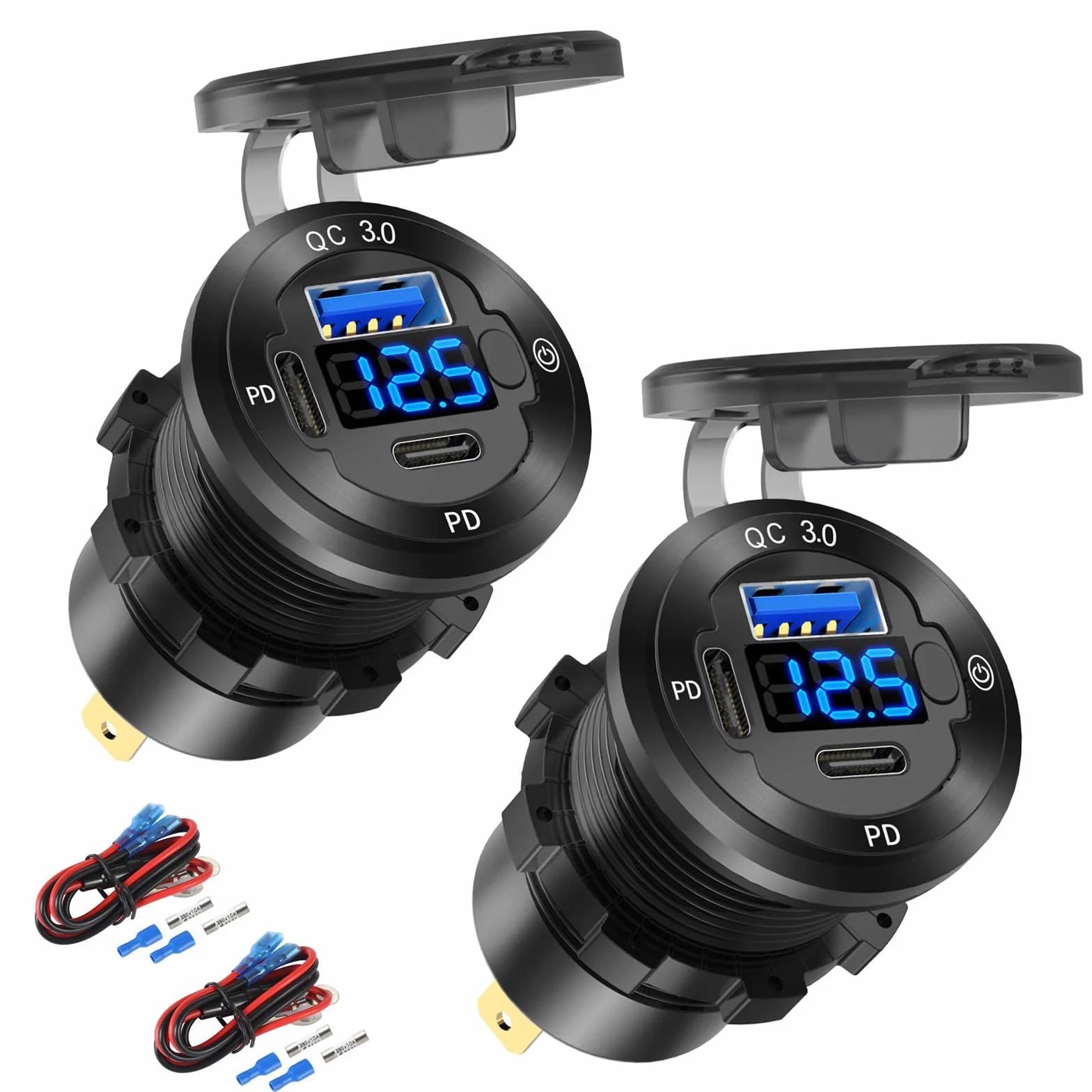 2-pak 12 V USB gniazdo samochodowe okrągłe gniazdo USB C 12 V, 3-portowa szybka ładowarka morska, wodoodporna, zamiennik gniazda papierosowego, aluminium, z przełącznikiem i woltomierzem, odpowiednie
