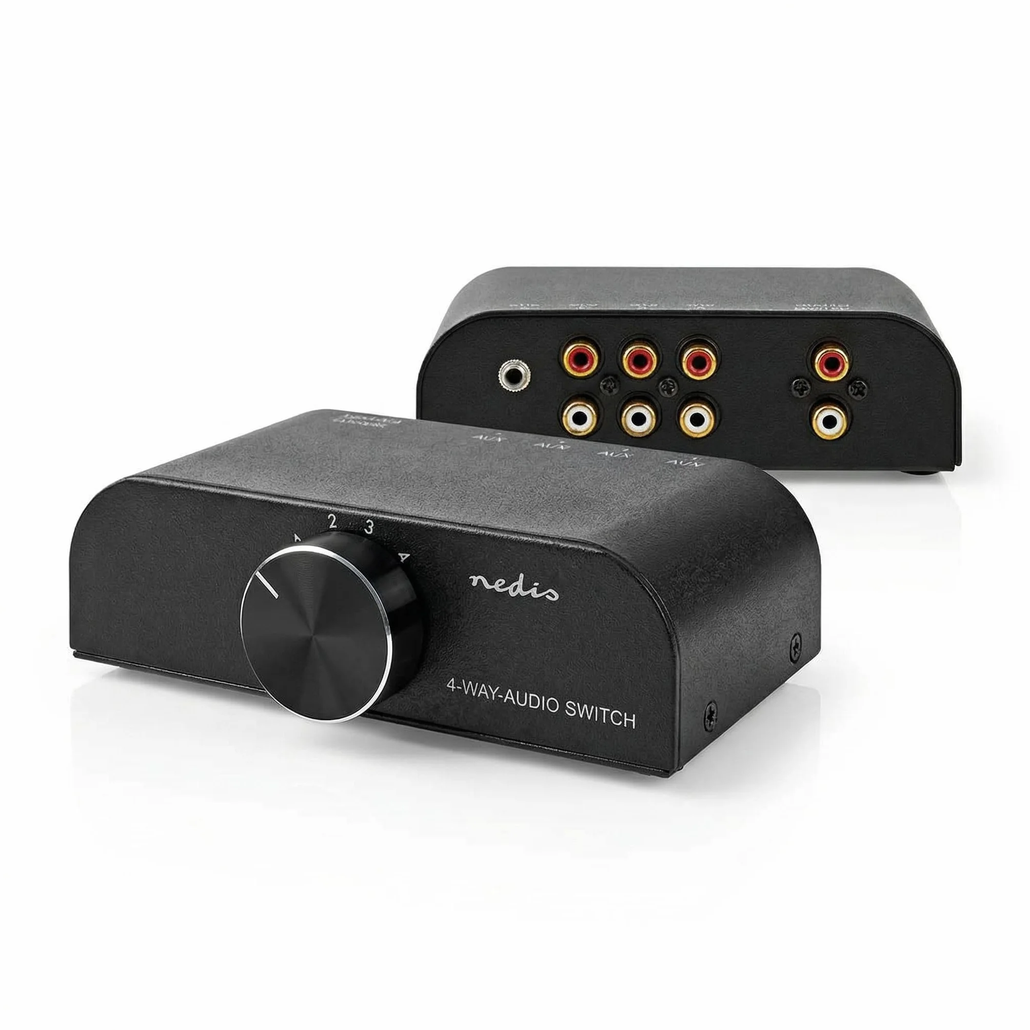 Nedis Analogowy przełącznik audio | 4-portowe porty | przyłącza – wejście: 1 x 3,5 mm wejście audio / 3 x (2 x gniazdo cinch) | przyłącza – wyjście: 1 x (2 x gniazdo cinch) | podręcznik użytkownika |