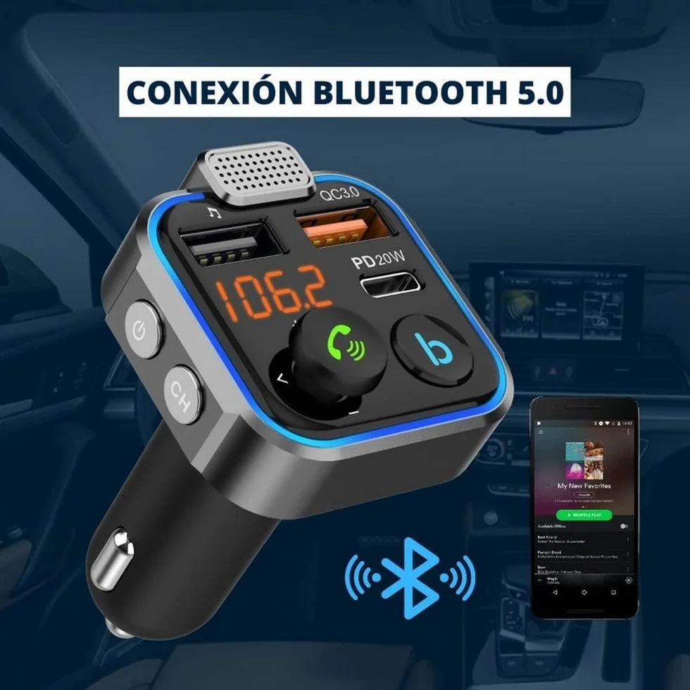NK Bluetooth 5.0 samochodowy nadajnik FM – 3 porty ładowania: x 2 USB QC3.0 + x1 PD 3.0 typ C 20 W, funkcja głośnomówiąca, redukcja szumów, szybkie ładowanie, przycisk B: Hi-Fi głęboki bas (głośnik)