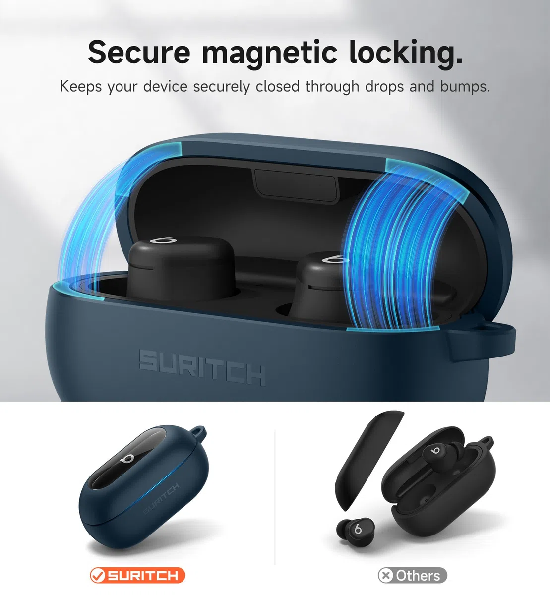 SURITCH Magnetyczne etui kompatybilne z Beats Solo Buds, wytrzymała, odporna na wstrząsy ochronna osłona na słuchawki z zestawem do czyszczenia i karabińczykiem (granatowe)