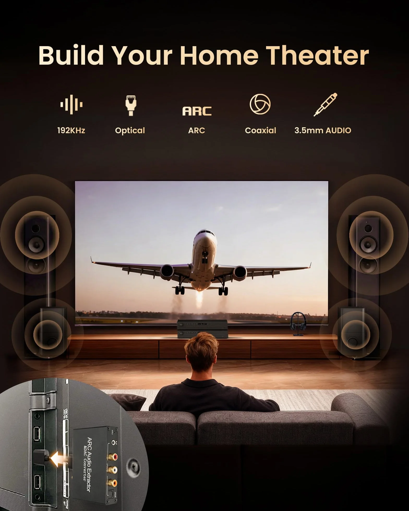 HDMI ARC Audio Extractor DAC konwerter audio, 192 kHz konwerter cyfrowy na analogowy z CEC, HDMI ARC/Optical/Coaxial Input, SPDIF/Optical/RCA/3,5 mm Stereo Output