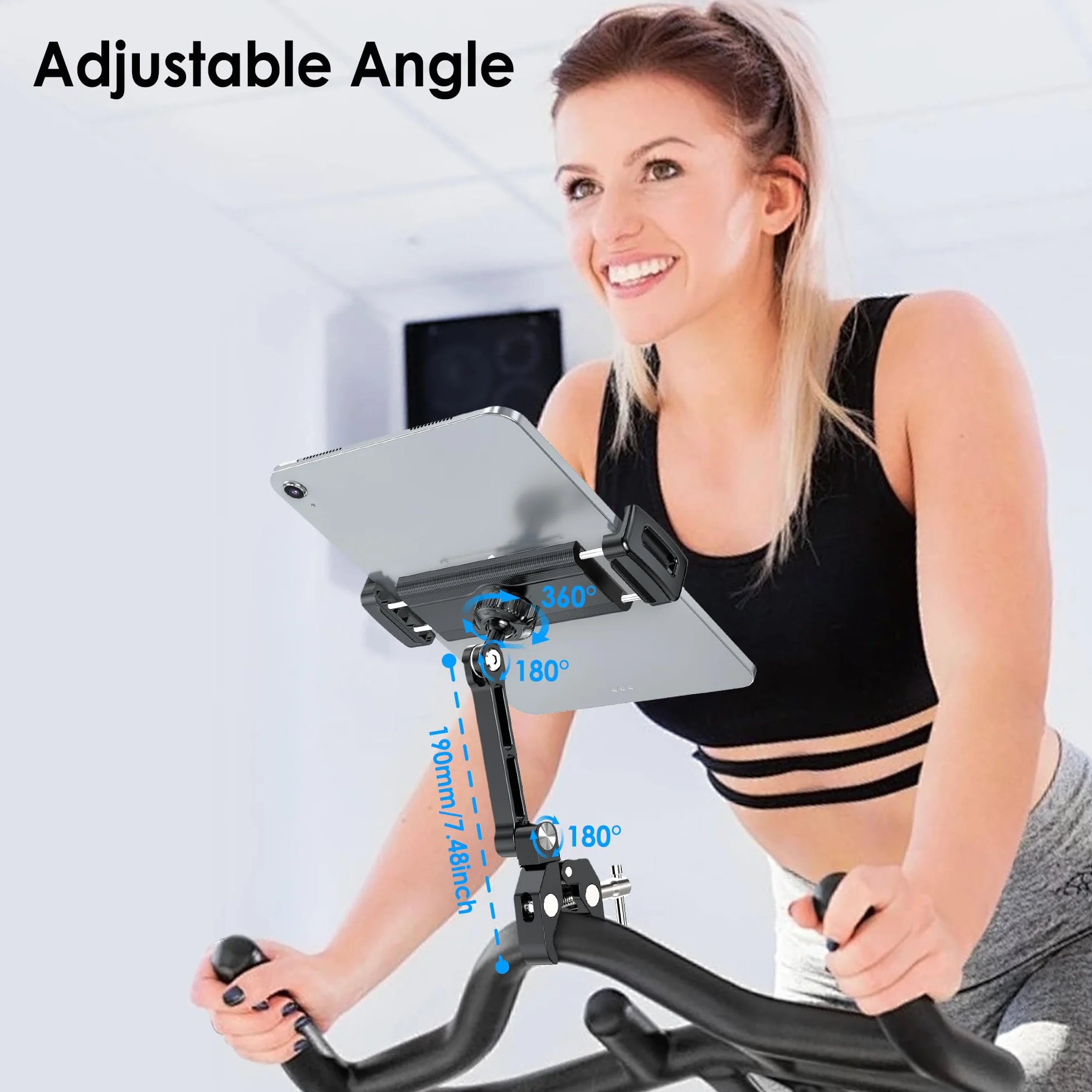 Uchwyt na tablet do roweru spinningowego, aluminiowy zacisk do montażu na tablecie stacjonarnym na bieżni rowerowej, wózek wewnętrzny peleton eliptyczny, kompatybilny z tabletem 10.2-33.0 cm iPad Pro