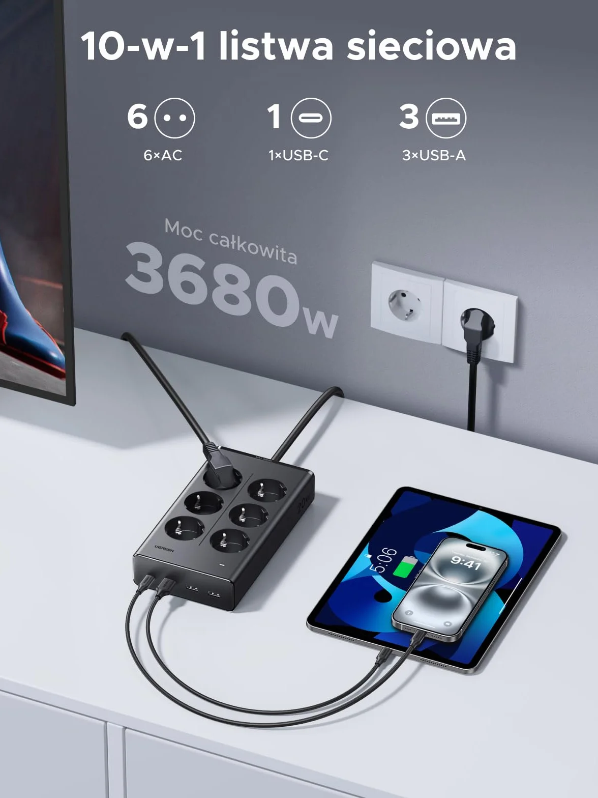 Listwa zasilająca UGREEN z gniazdem USB, gniazdko 10 w 1 z przełącznikiem, szybkie ładowanie 20 W, listwa zasilająca 3680 W z zabezpieczeniem przeciwprzepięciowym, 1,5 m, do biurek i biur