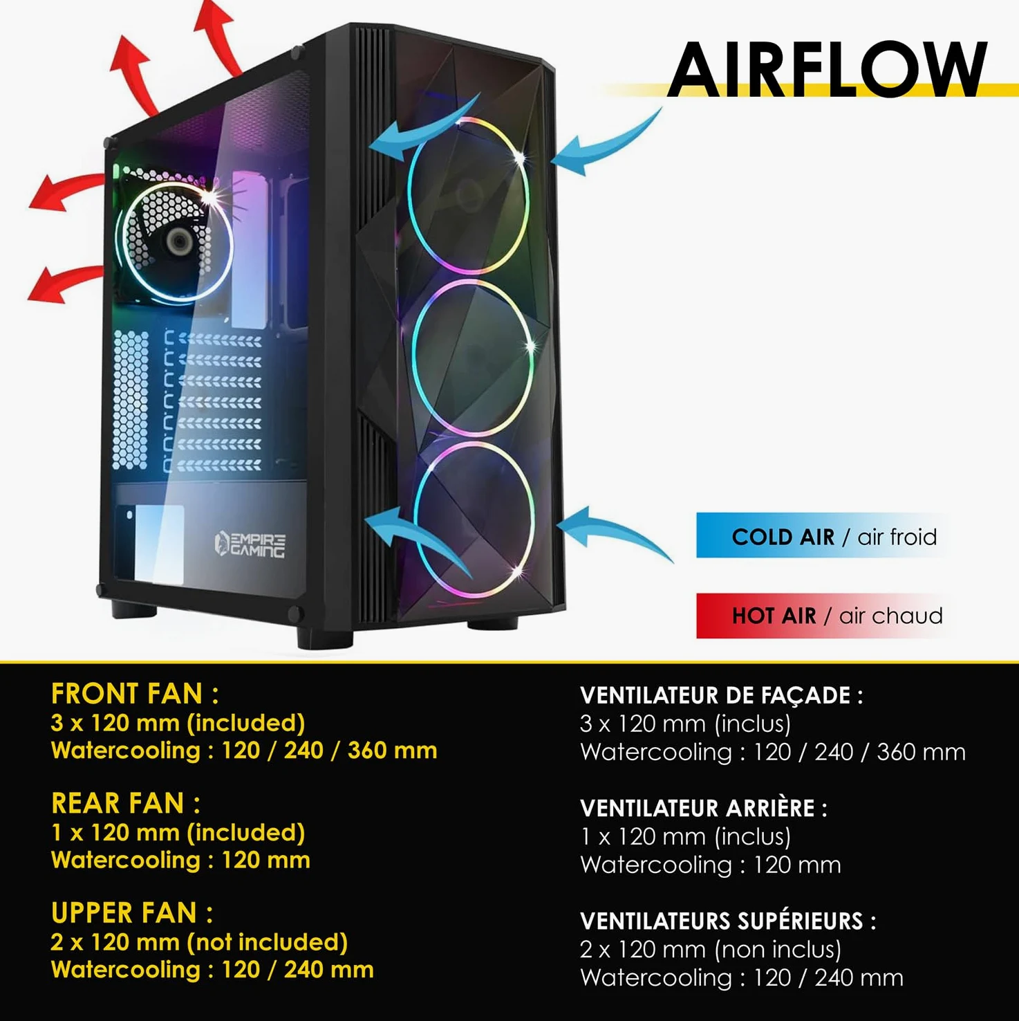 EMPIRE GAMING – Obudowa dla graczy PC Diamond ARGB Medium ATX Tower Case – Akrylowy panel przedni i panel boczny ze szkła hartowanego – 4 adresowalne wentylatory LED RGB 120 mm