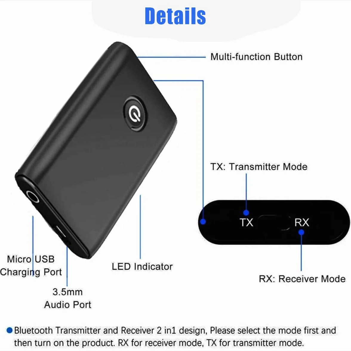 Nadajnik Bluetooth 5.0, bezprzewodowy nadajnik 2 w 1 3,5 mm Jack Audio Adapter Bluetooth, niskie opóźnienia przenośny bezprzewodowy adapter audio stereo ze słuchawkami/głośnikami/samochodami