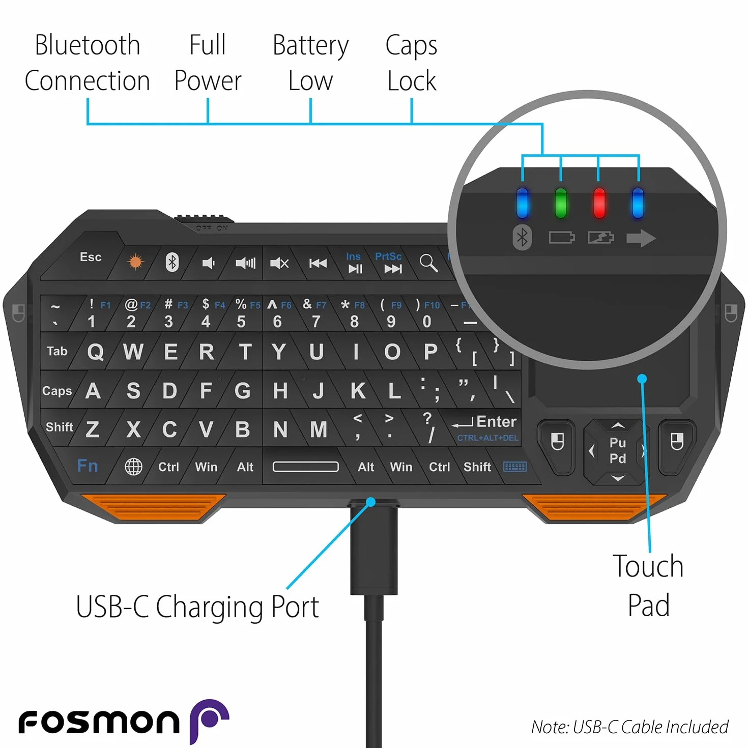Fosmon Mini Klawiatura Bluetooth z Panelem Dotykowym (QWERTY) Ładowanie USB-C - Do Smart TV, Android TV Box, Fire Stick, PS5, Gamingowy, Smartfon, Tablet, HTPC/IPTV, okularami VR