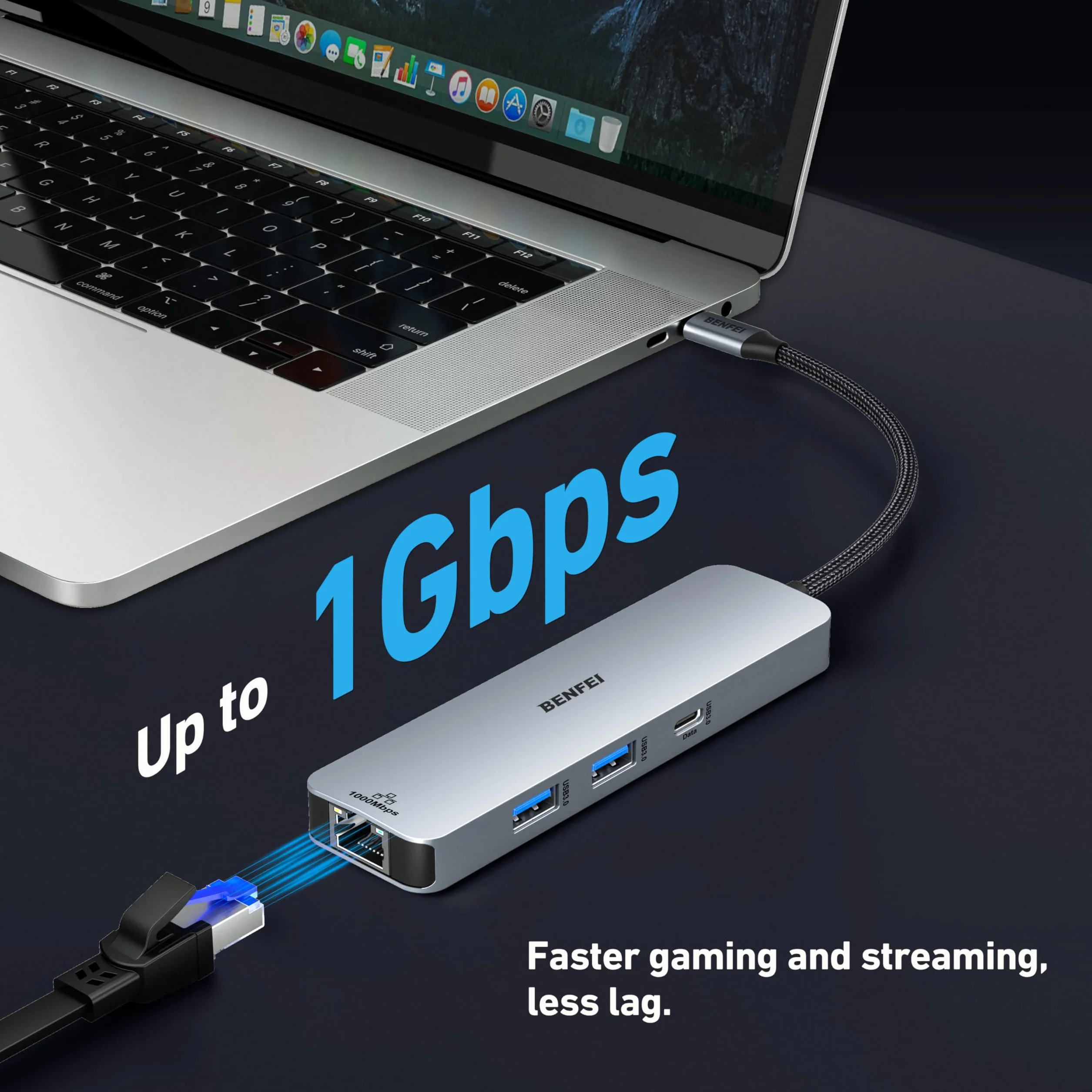 BENFEI Hub USB C 6 w 1 HDMI 4K@60Hz USB-A USB-C 100W Gigabit Ethernet Kabel silikonowy do MacBooka Pro Air iPada Pro iMaca