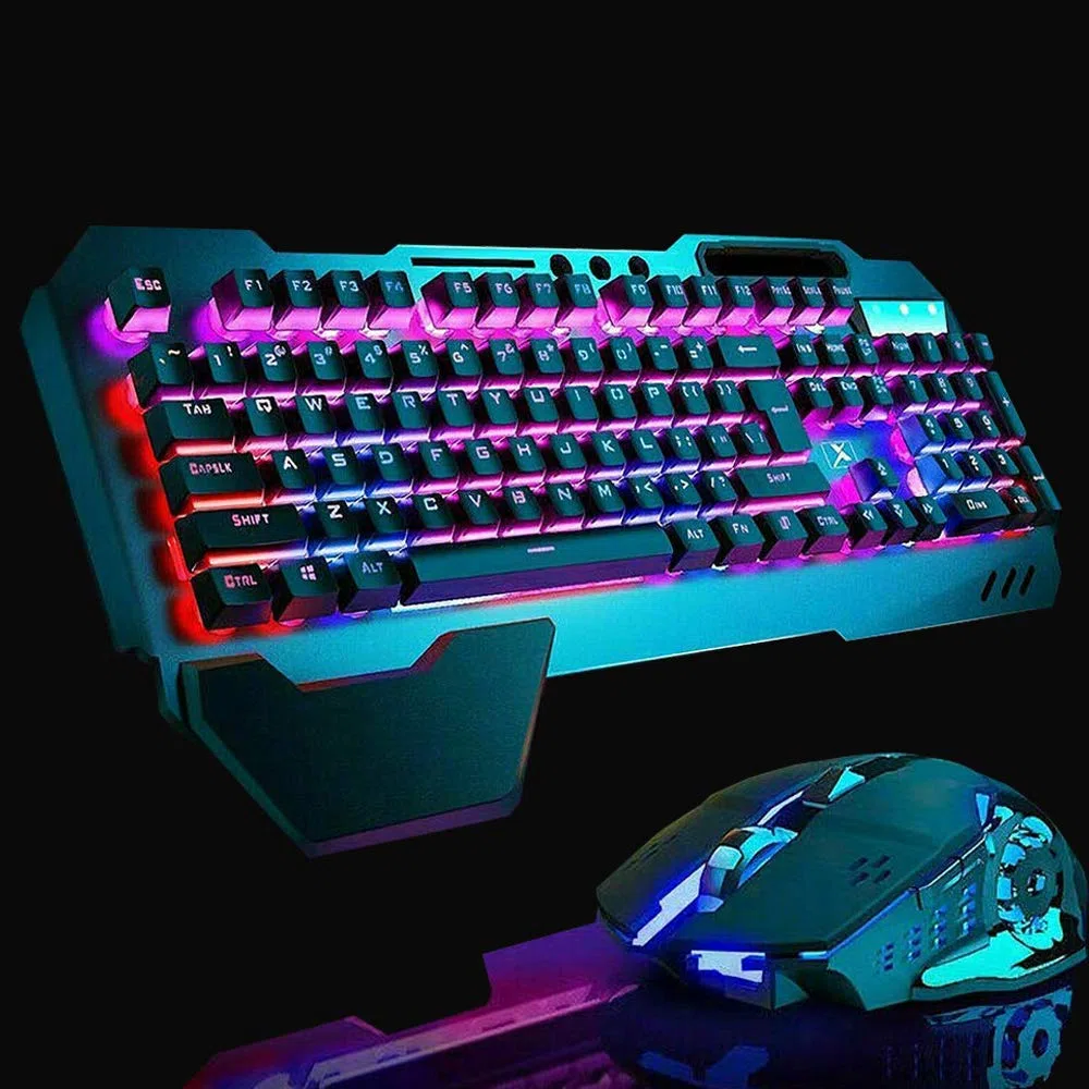 Bezprzewodowa klawiatura i mysz 2,4 G, pojemność 3000 mAh, metalowy panel z podświetleniem LED, wodoodporna, ergonomiczna klawiatura do gier USB Anti-Ghosting + 2400 DPI, 6 przycisków, mysz do gier