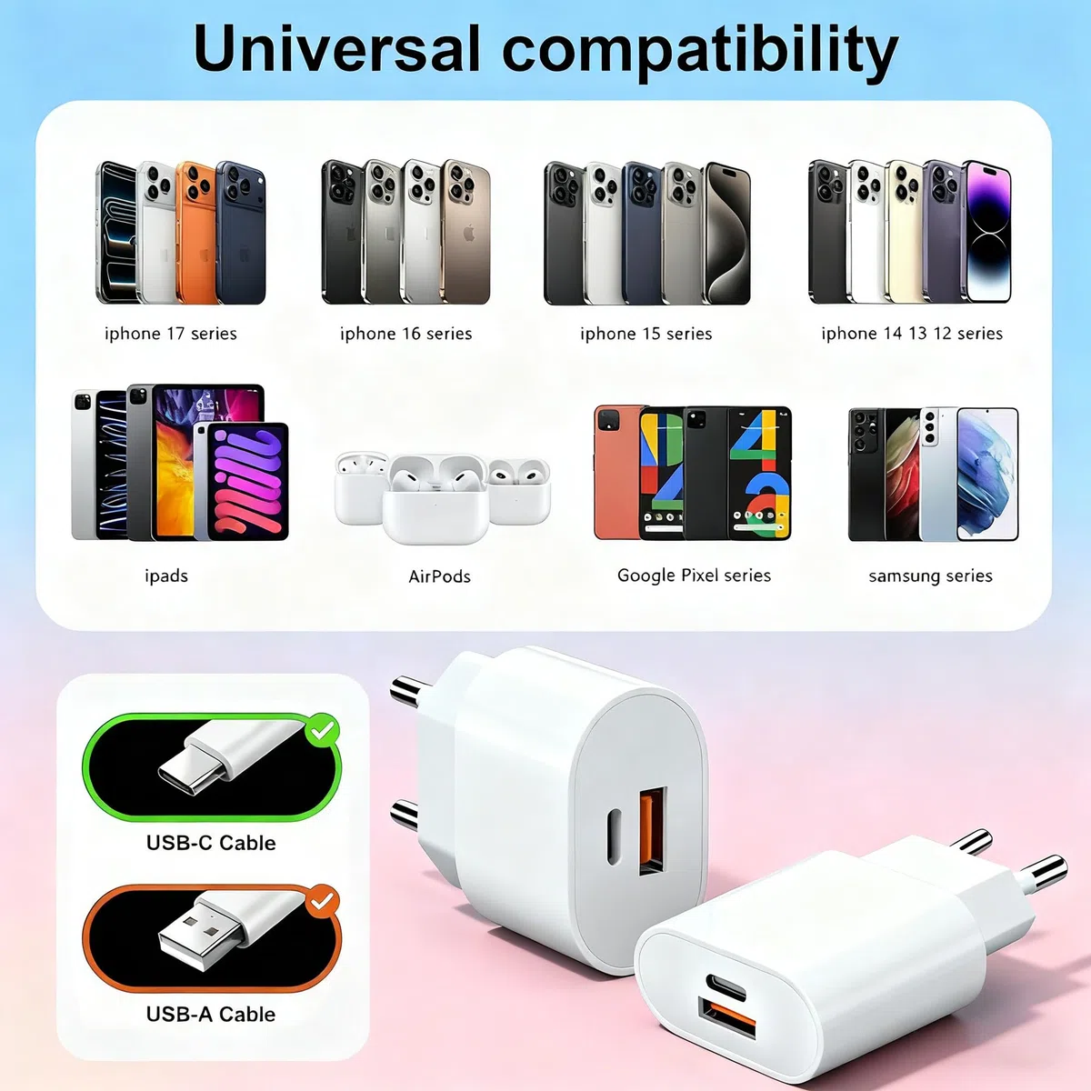 Szybka ładowarka do iPhone'a 17, 16, 15, 14, 13, 12, 11,2-portowa (QC), 25 W, wiele zasilaczy USB do iPhone'a 16 15 14 13 12 11 Pro/Pro Max / Plus, Mini X XS XR SE, iPad, Samsung Galaxy S25, S24 Ultra | 2 porty USB C zasilacz do iPhone'a 17/16/16 Pro/16 P