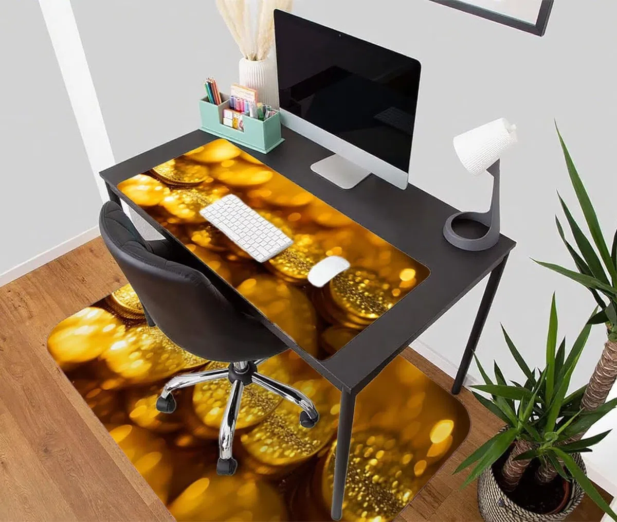 Gamingowa podkładka pod mysz XXL, 1400 x 600 mm, złota, duża podkładka na biurko z antypoślizgową gumową podstawą, abstrakcja z przyszytymi krawędziami, akcesoria biurowe, akcesoria gamingowe