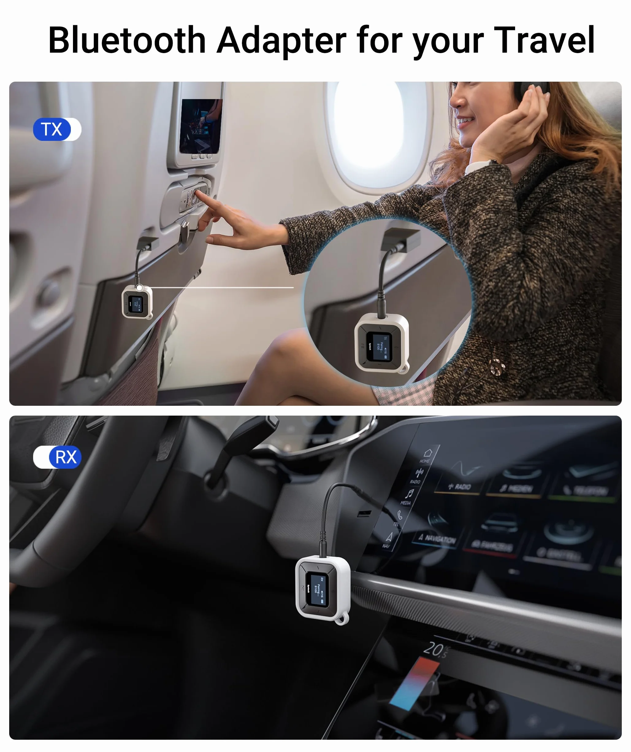 Syntech Samolotowy nadajnik-odbiornik Bluetooth z podwójnym adapterem AUX 3,5 mm, wyświetlaczem LED Adapter Dual Link Bluetooth 5.3 do AirPods bezprzewodowych słuchawek samochodowych