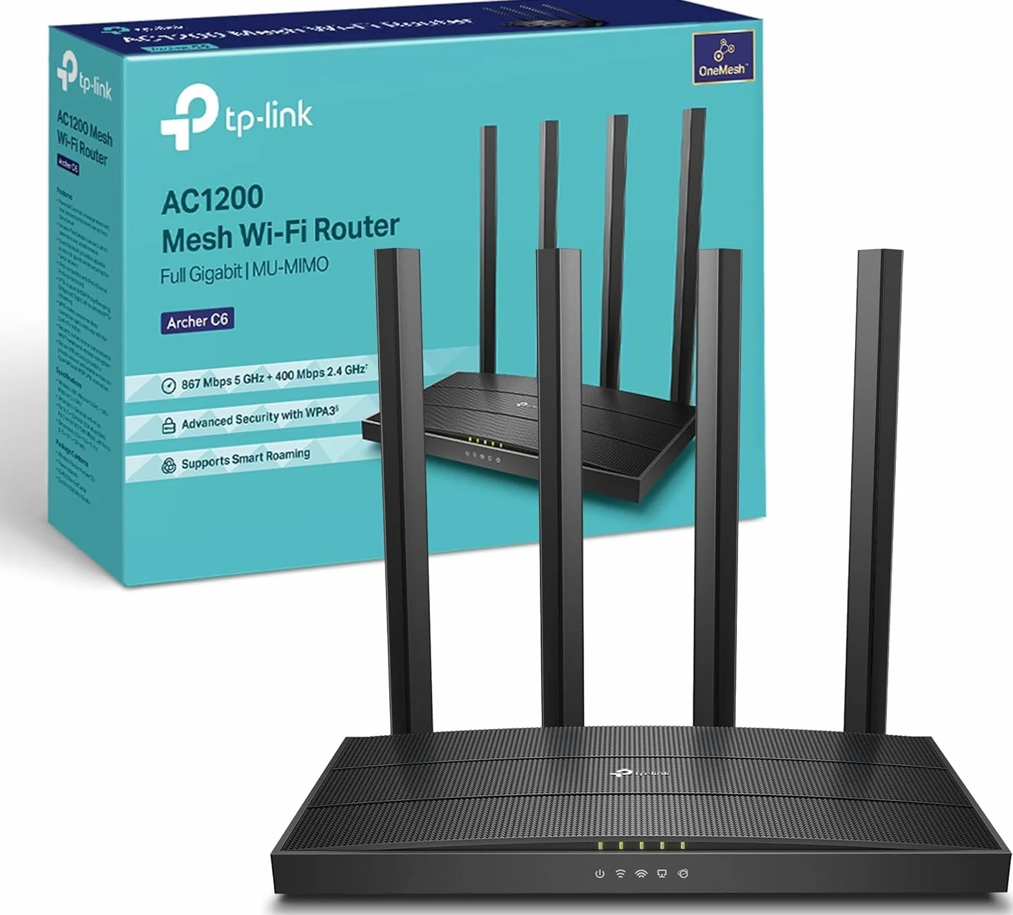 TP-Link Archer C6 Router WiFi, dwuzakresowy AC1200 Mb/s, 5 portów Gigabit, 867Mb/s do 5 GHz i 400 Mb/s przy 2,4 GHz, tryb punktu dostępu, zaawansowane bezpieczeństwo z WPA3, MU-MIMO, EasyMesh, IPv6,